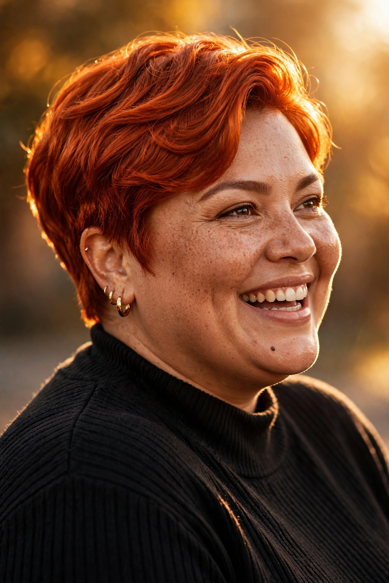 Bold vivid copper-red pixie on a plus size woman