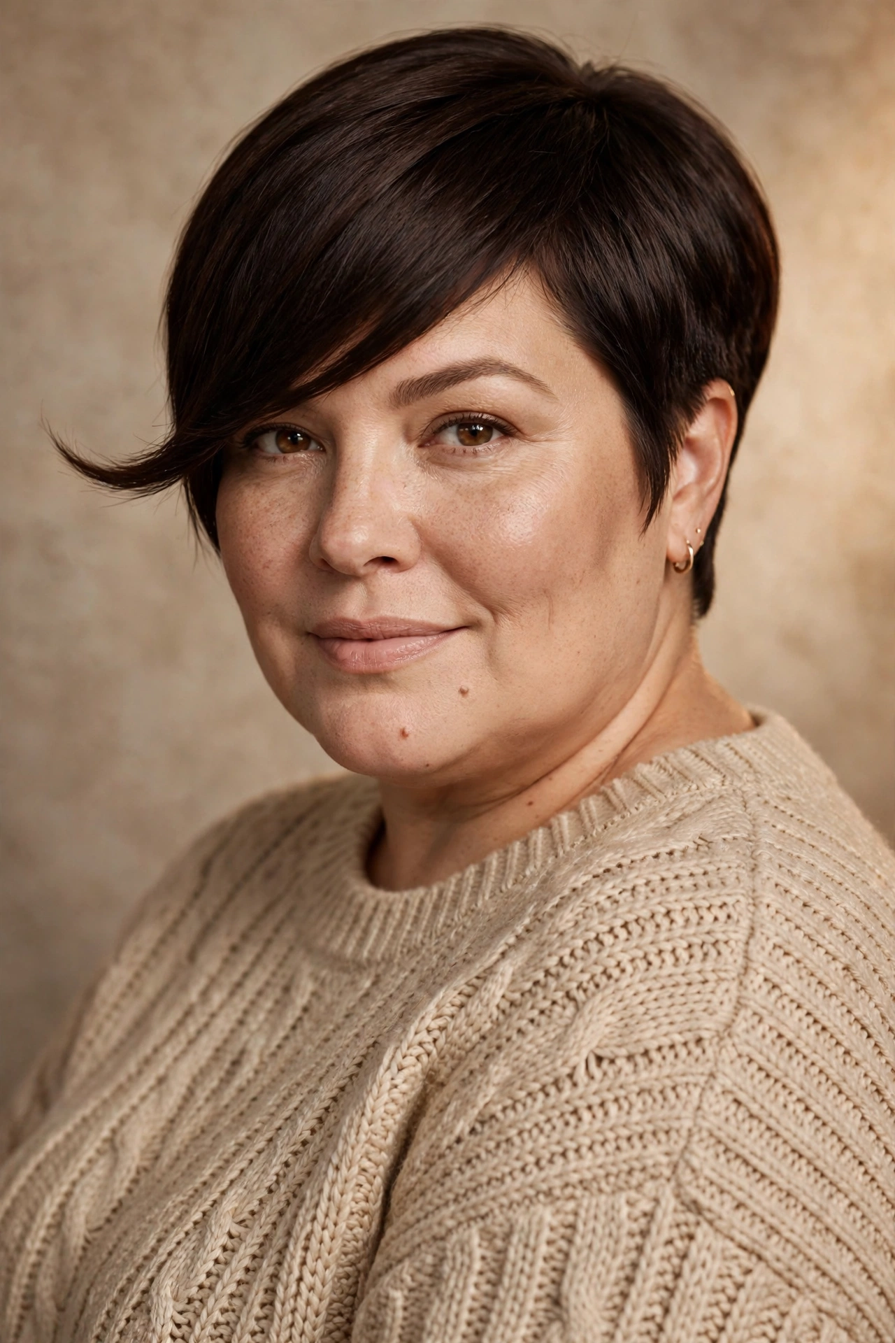 Pixie with soft diagonal fringe on a plus size woman