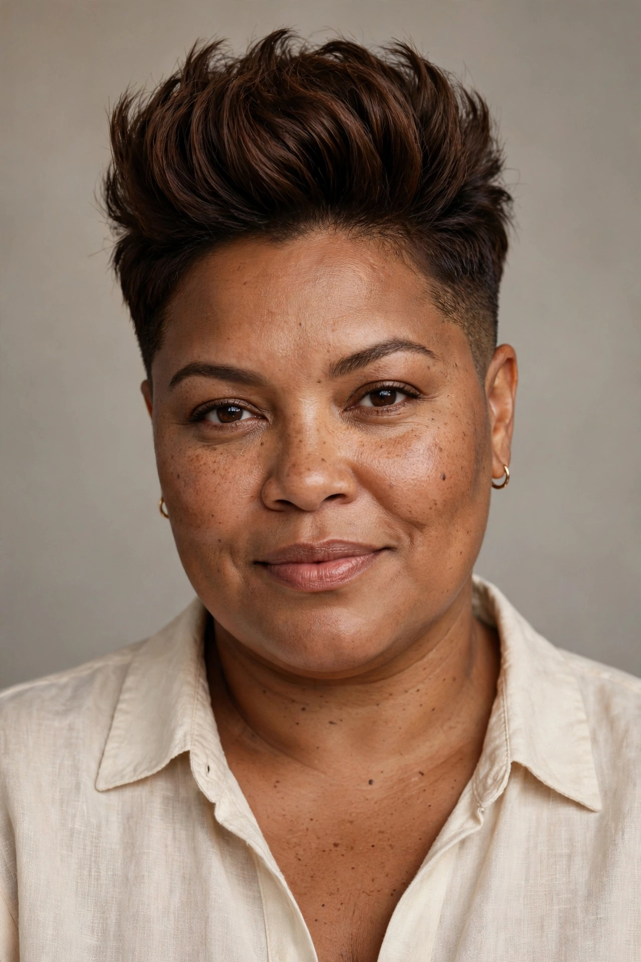 Crown-height pixie for a fuller round face on a plus size woman