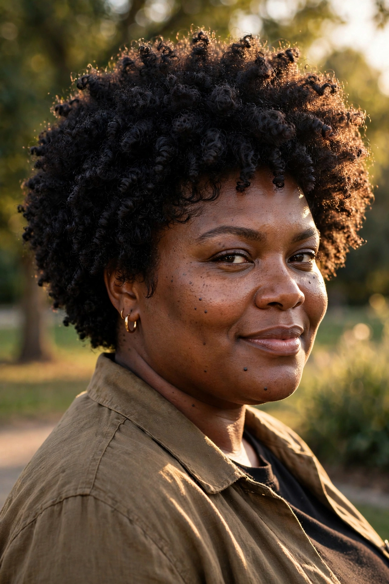 Natural afro pixie crop with 4B/4C coils on a plus size Black woman