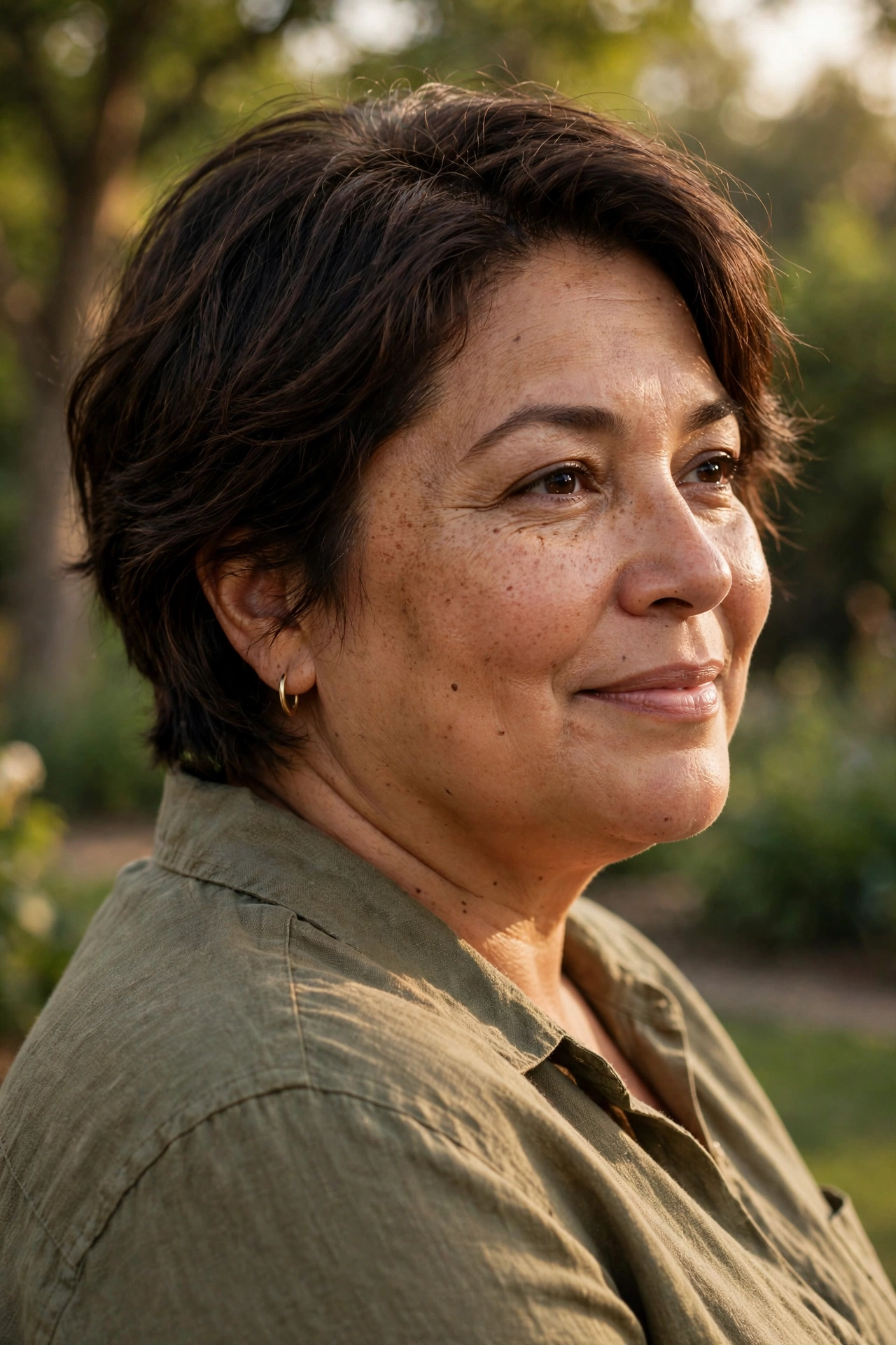 Low-maintenance natural fall pixie on a plus size woman