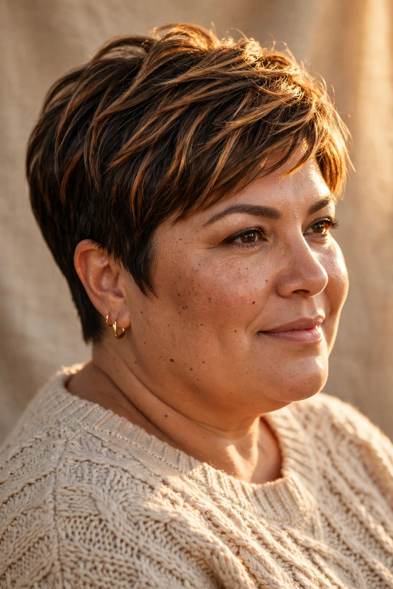 Balayage pixie with caramel highlights on a plus size woman