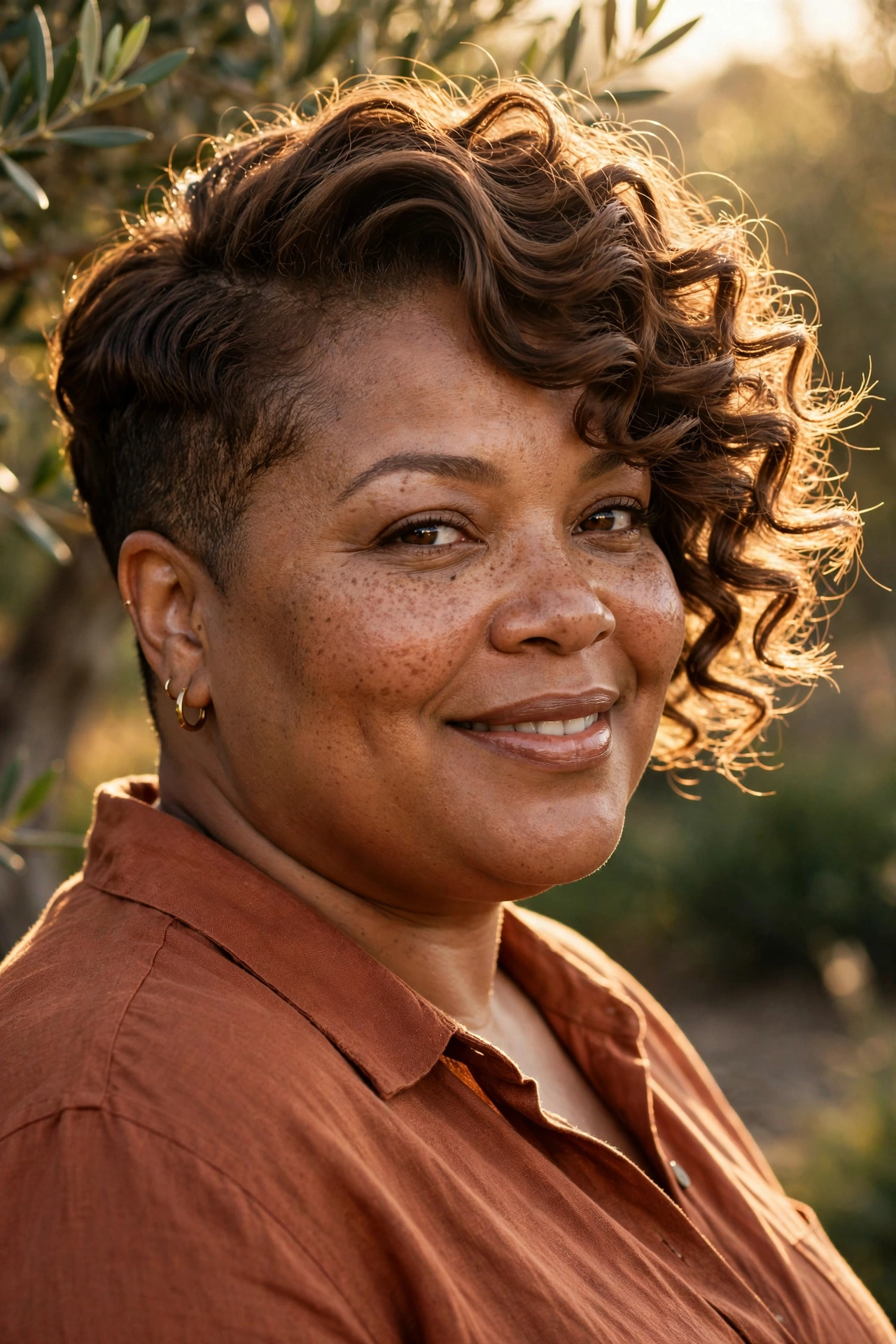 Soft curly pixie with side-swept coils on a plus size Black woman