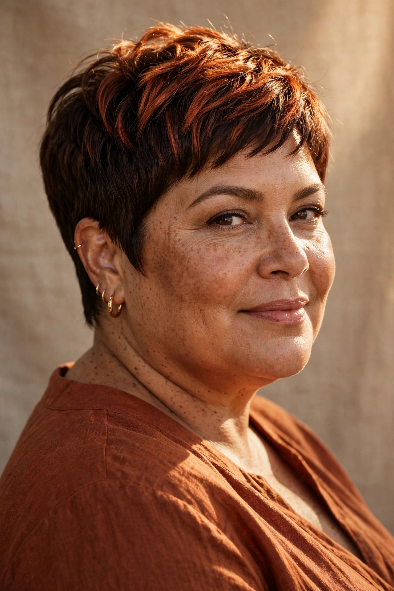 Pixie with warm auburn highlights on a plus size woman