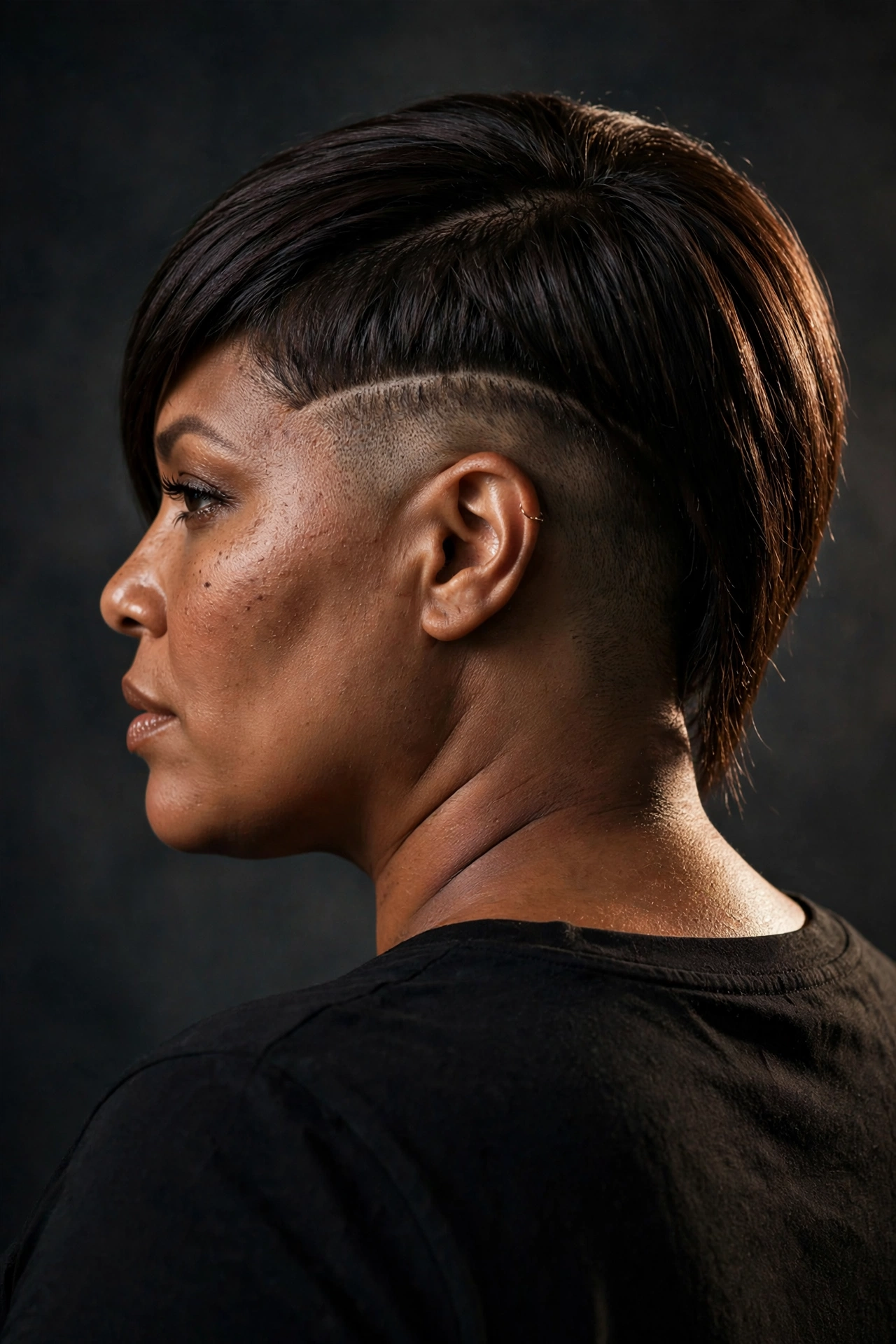 Edgy undercut pixie with buzzed under-layer on a plus size woman
