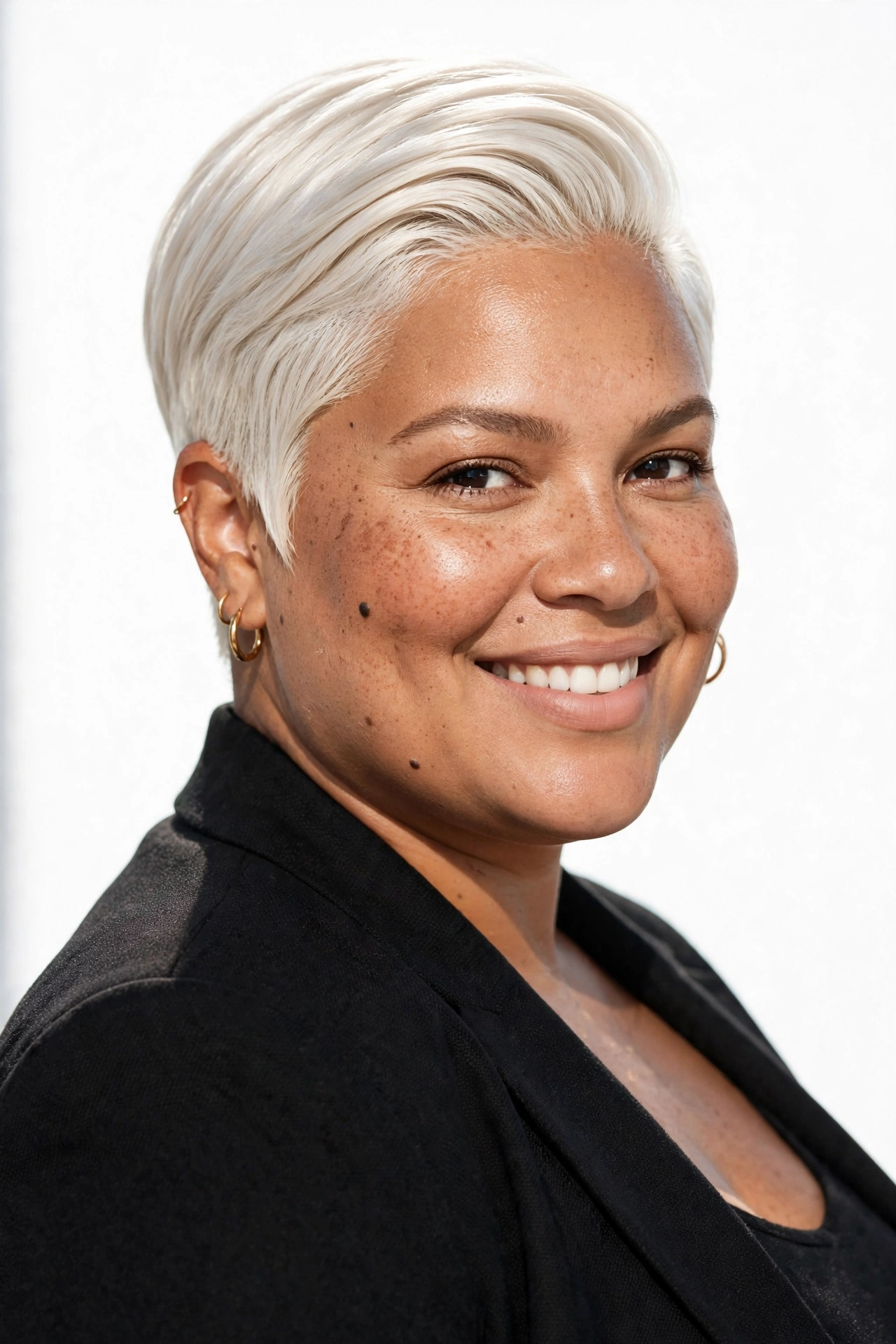 Platinum blonde sleek pixie on a plus size woman