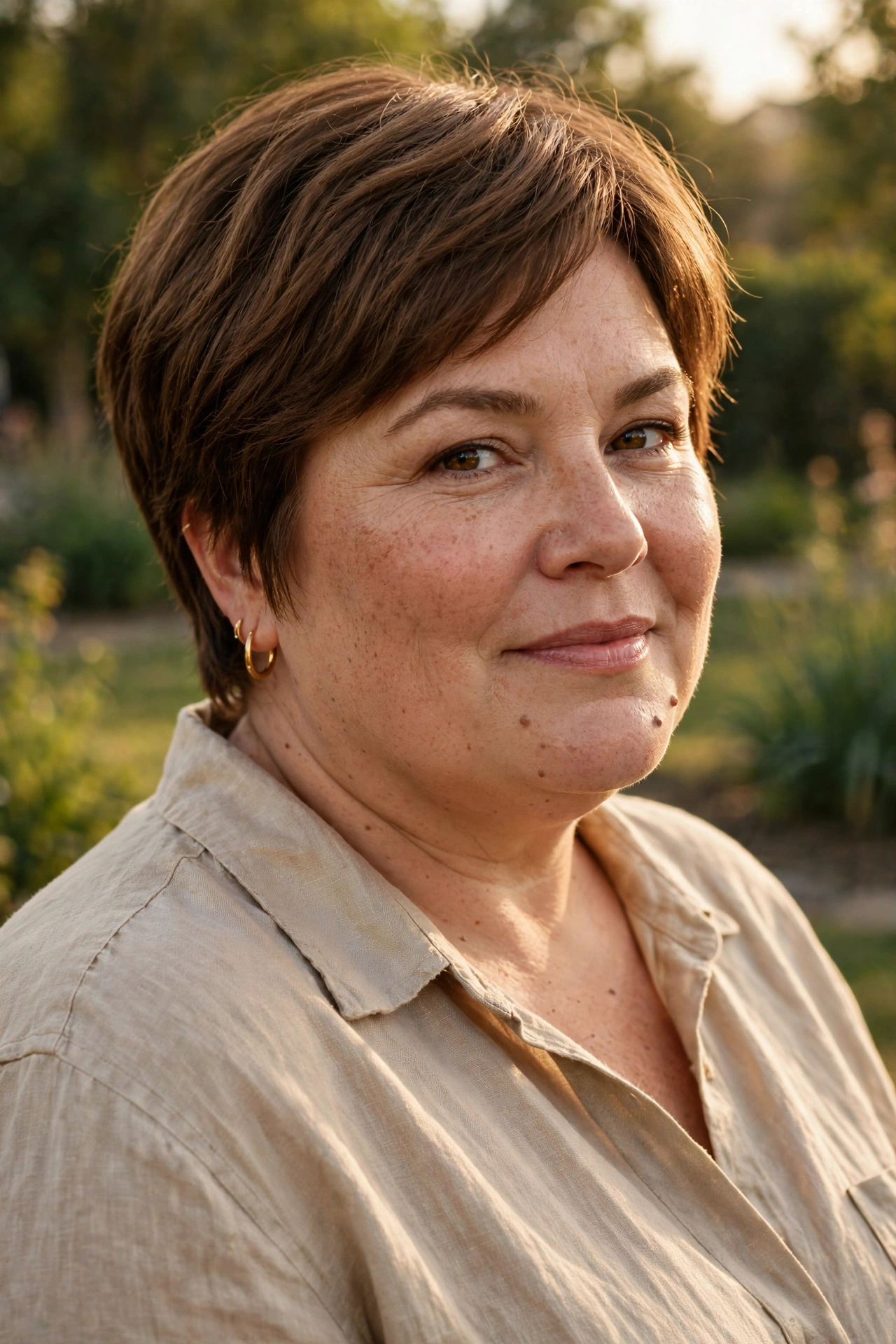Grow-out soft pixie at in-between length on a plus size woman