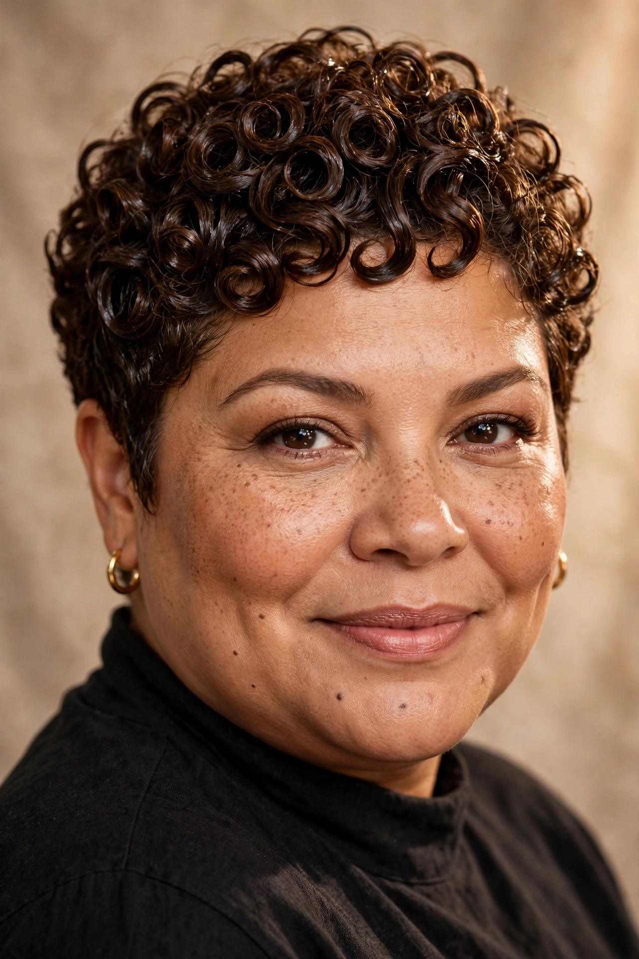Gel-defined curl cluster pixie on a plus size Latina woman