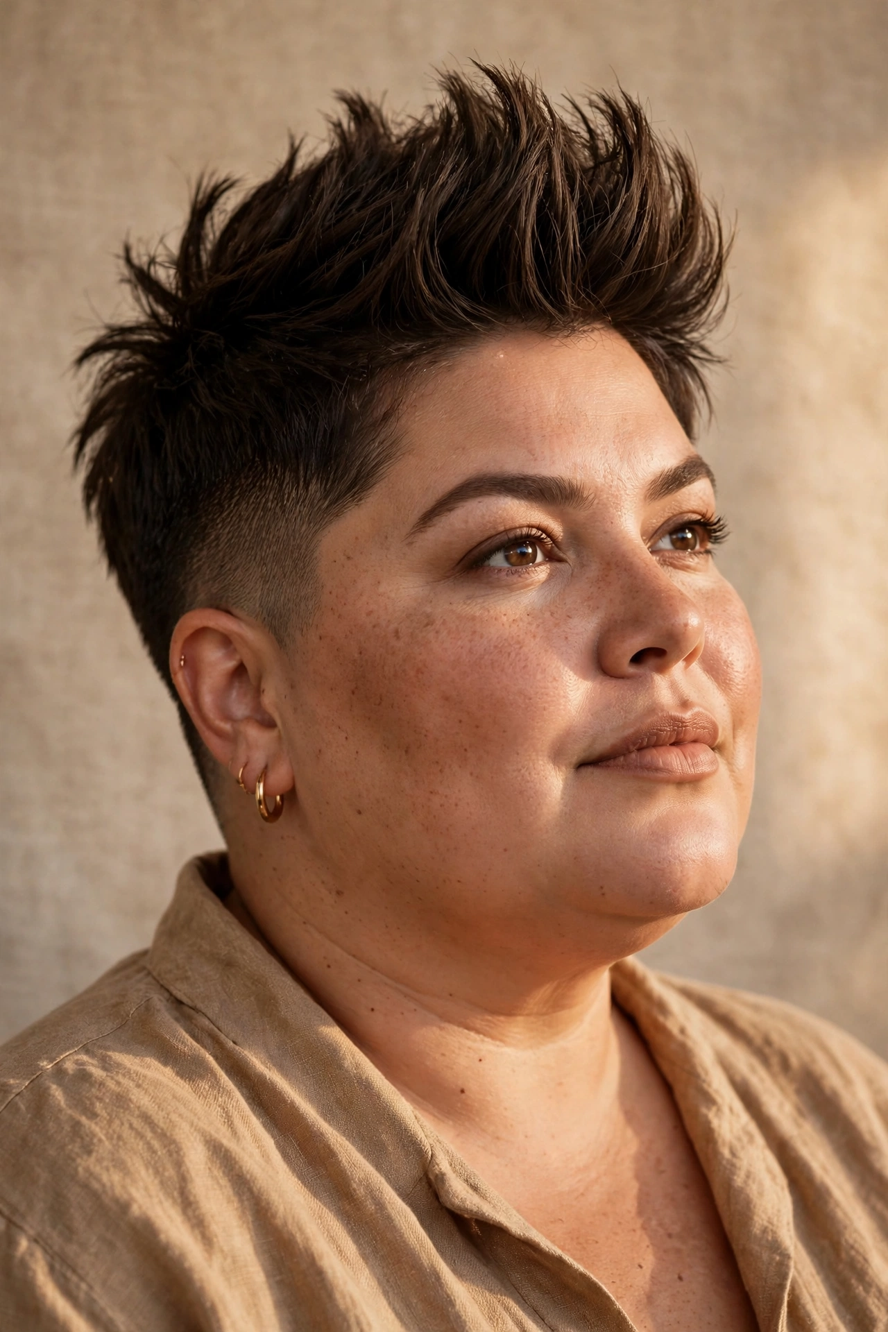 Textured quiff pixie in natural dark brown on a plus size woman
