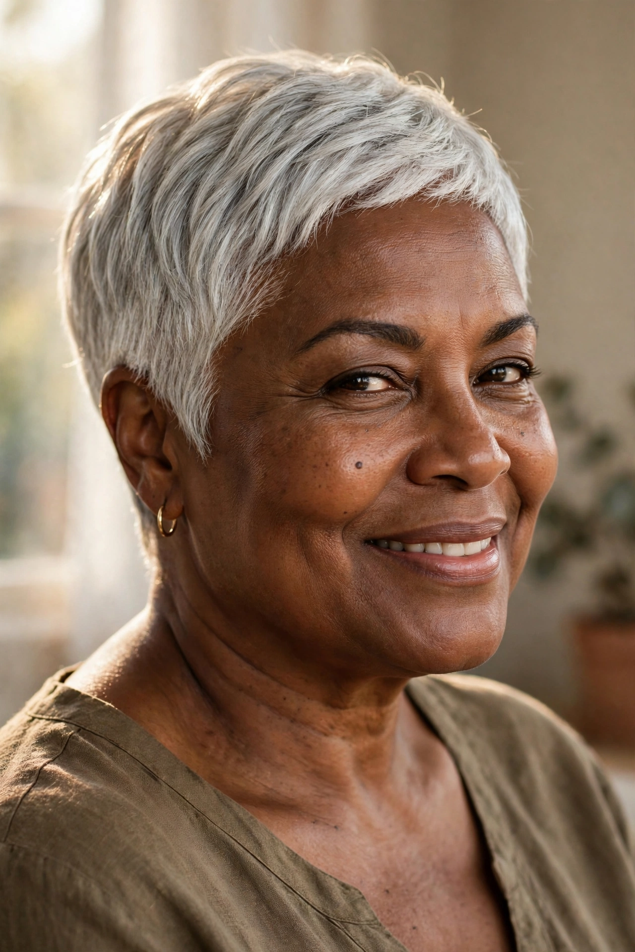 Natural silver crop pixie on a plus size woman over 55