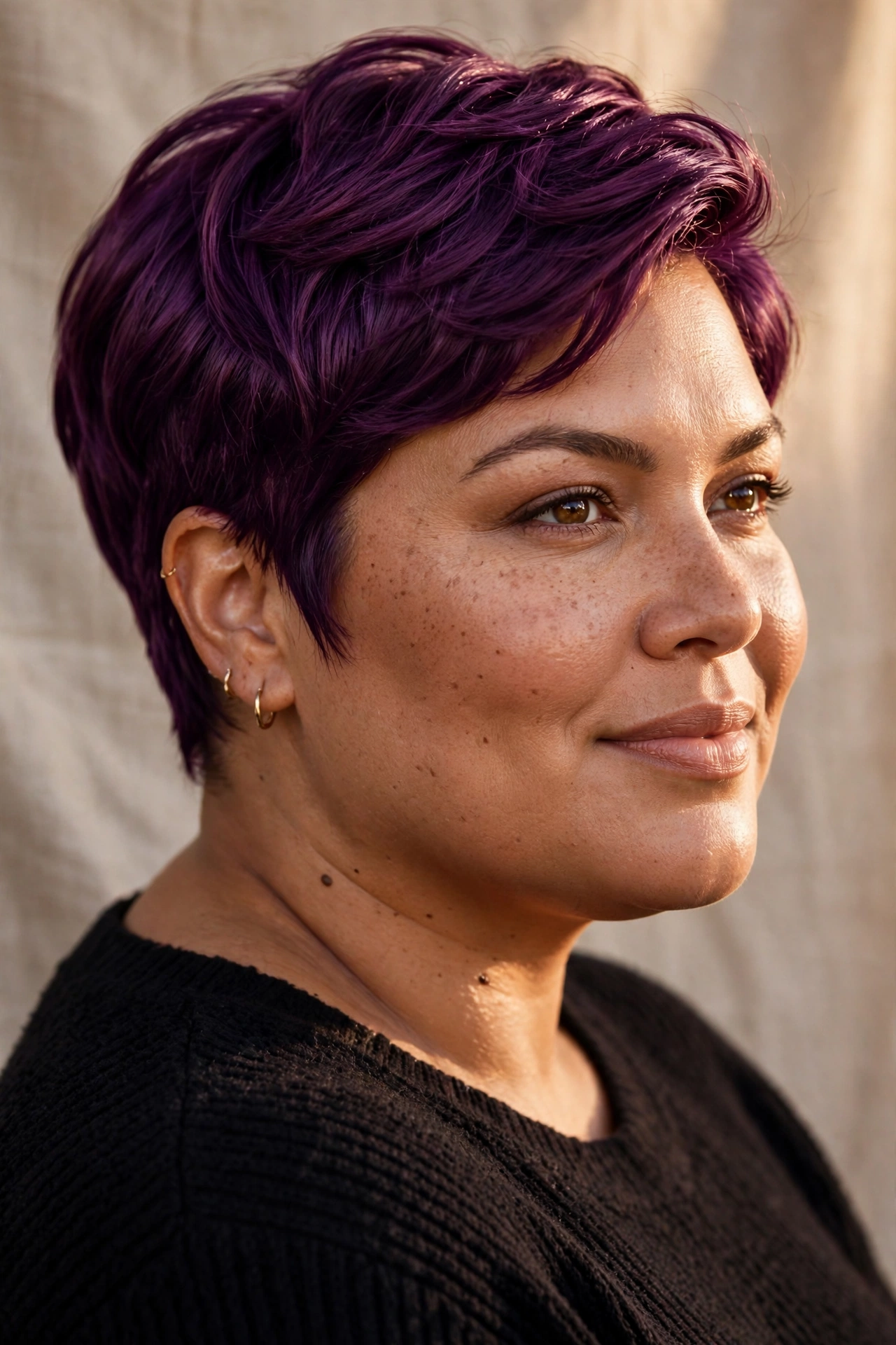 Vivid deep plum-purple pixie on a plus size woman
