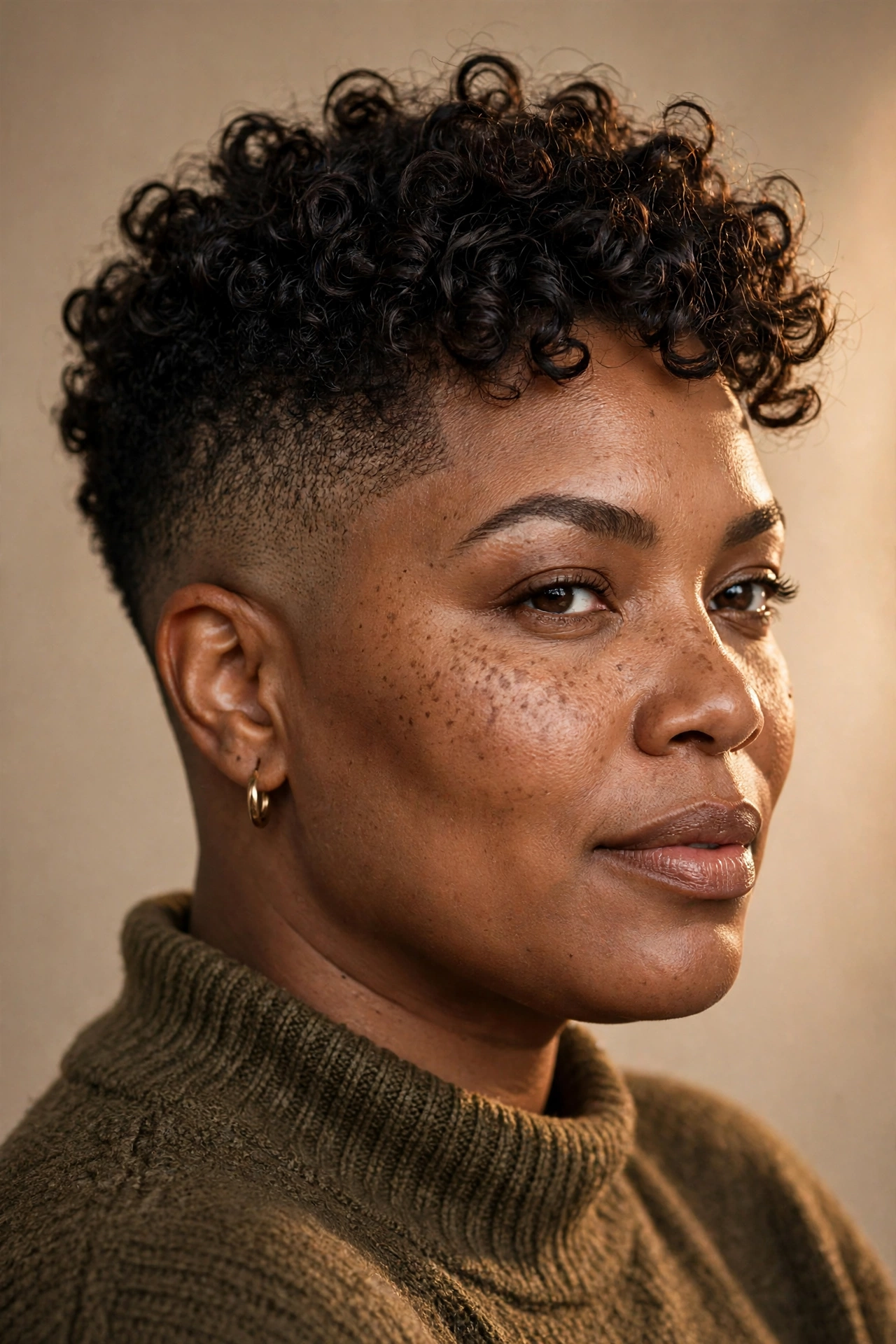 Curly top pixie fade with temple fade on a plus size Black woman