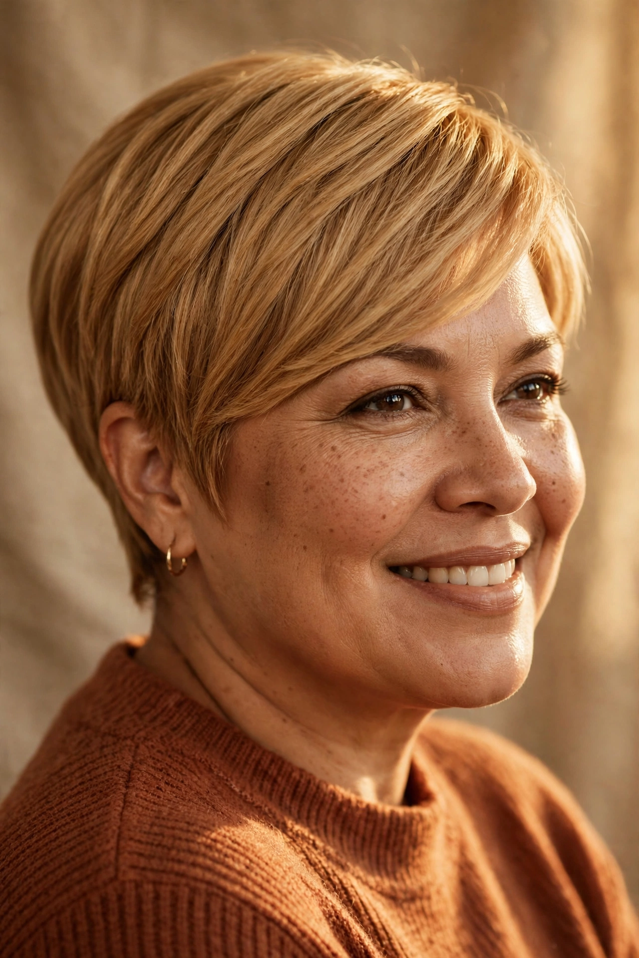 Warm honey blonde pixie on a plus size woman