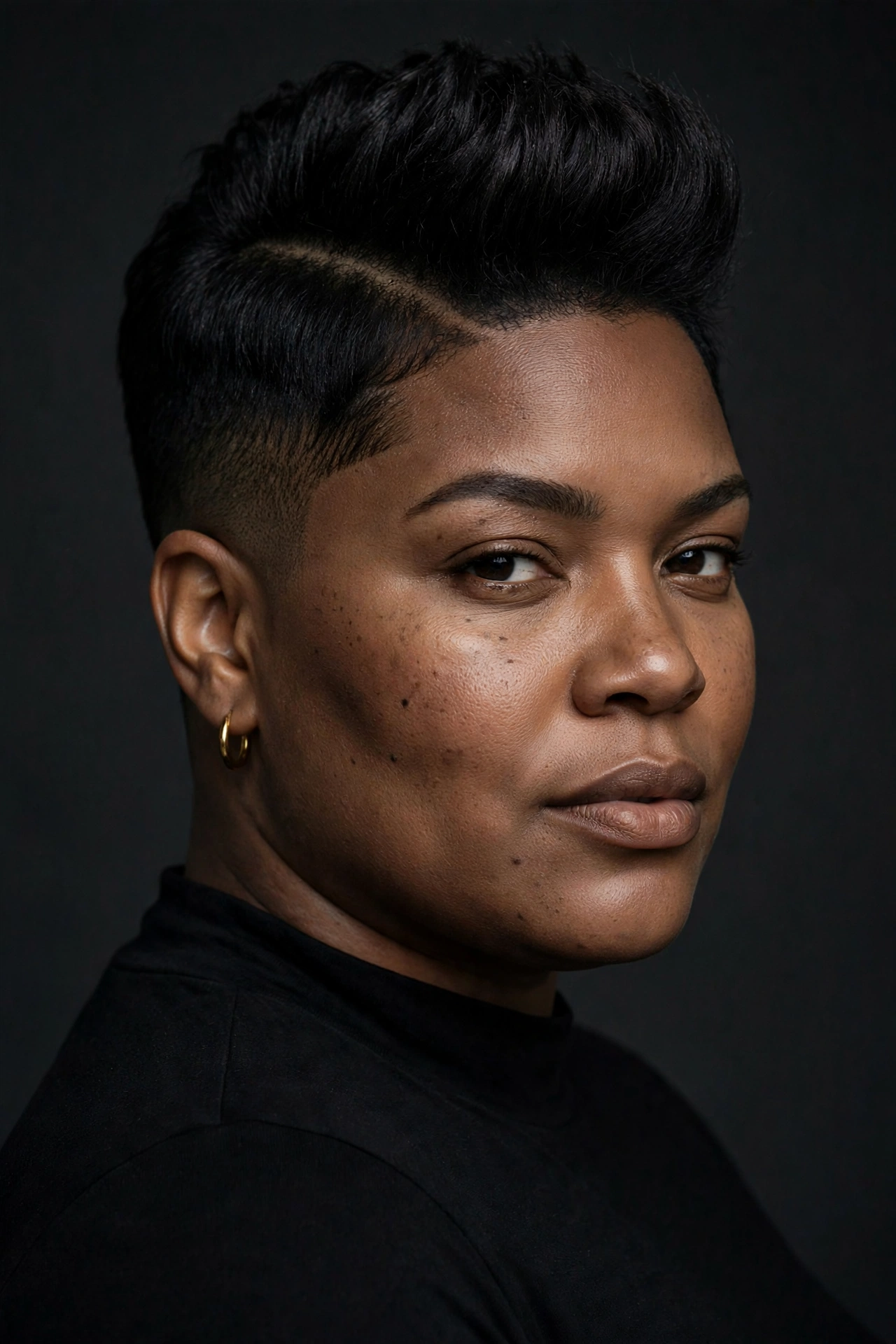 Mohawk-inspired pixie with centred volume strip on a plus size woman