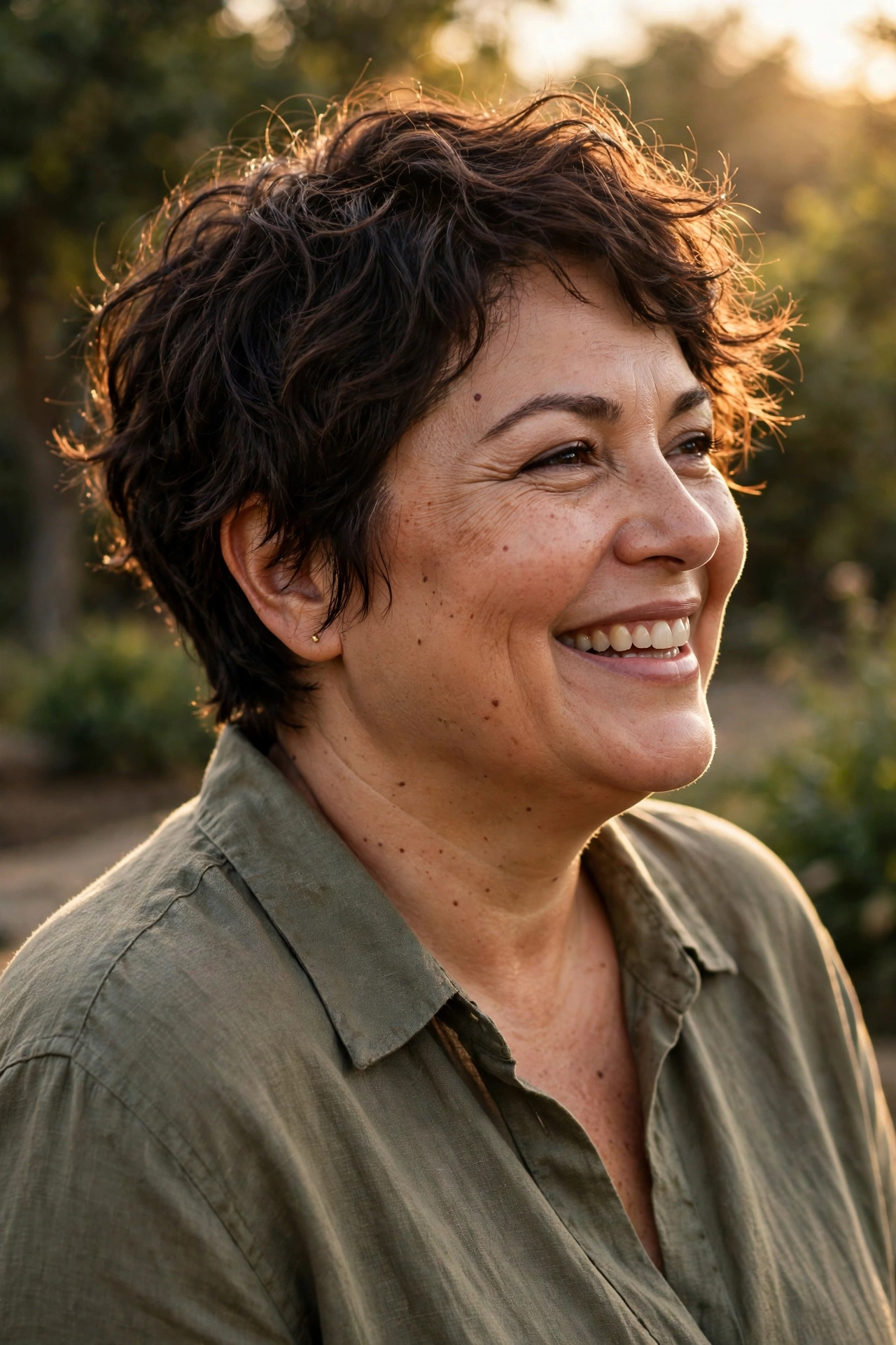 Free-spirit natural pixie with organic texture on a plus size woman