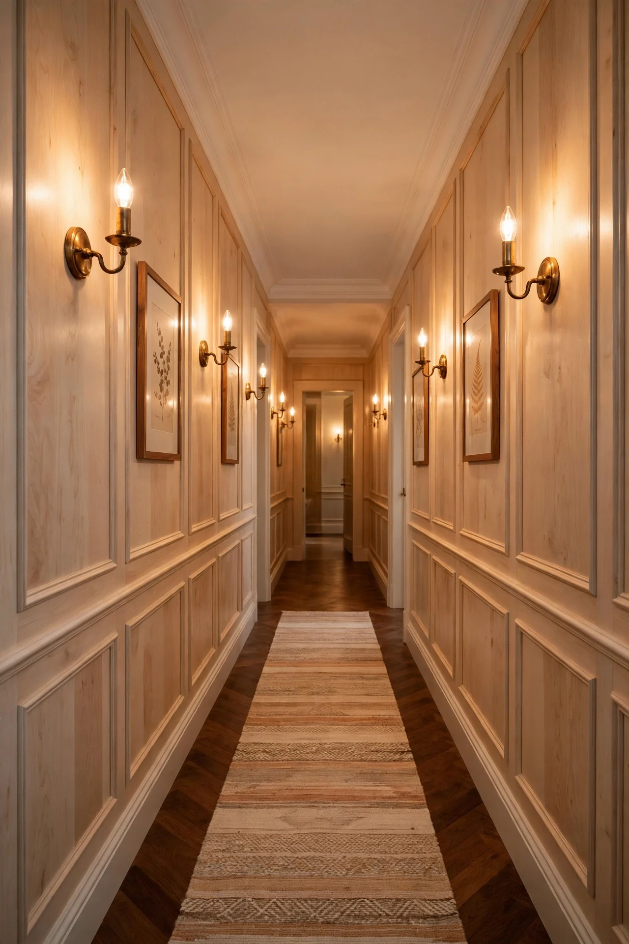 Brass Sconces Between Hallway Panels