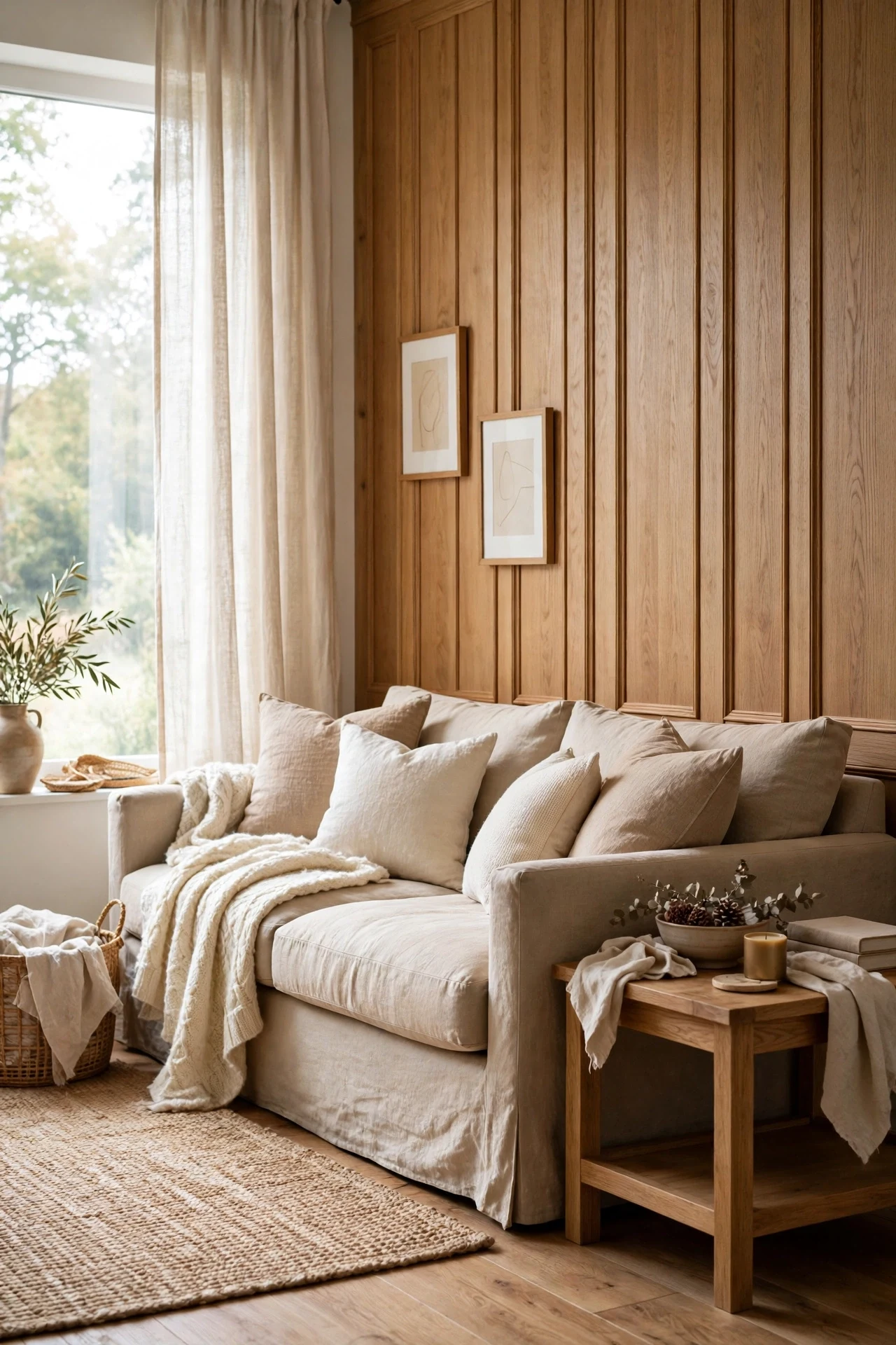 A Low Linen Sofa Against Tall Living Room Panels