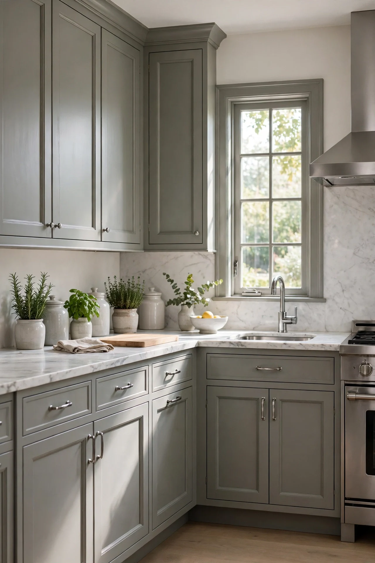French Gray Raised Panel Wainscoting in the Kitchen