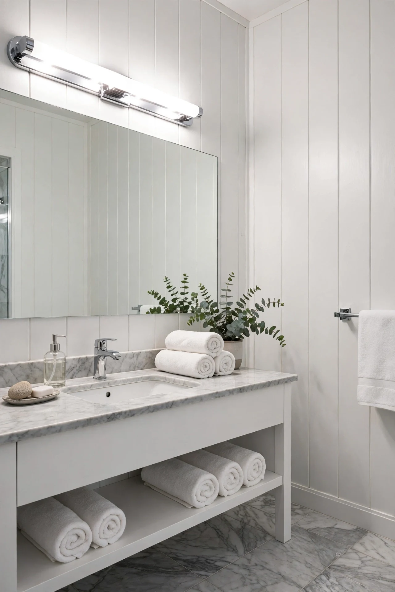 Waterproof PVC Raised Panel Wainscoting in a Bathroom