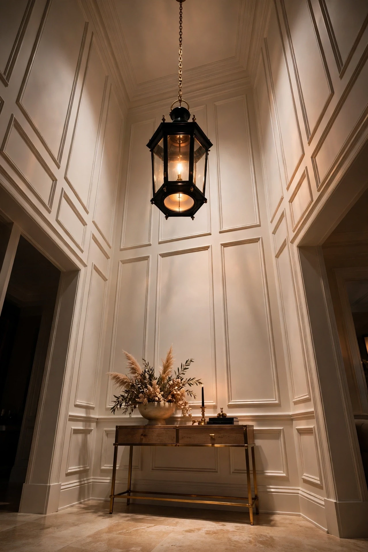 A Lantern Pendant Highlighting Foyer Panels