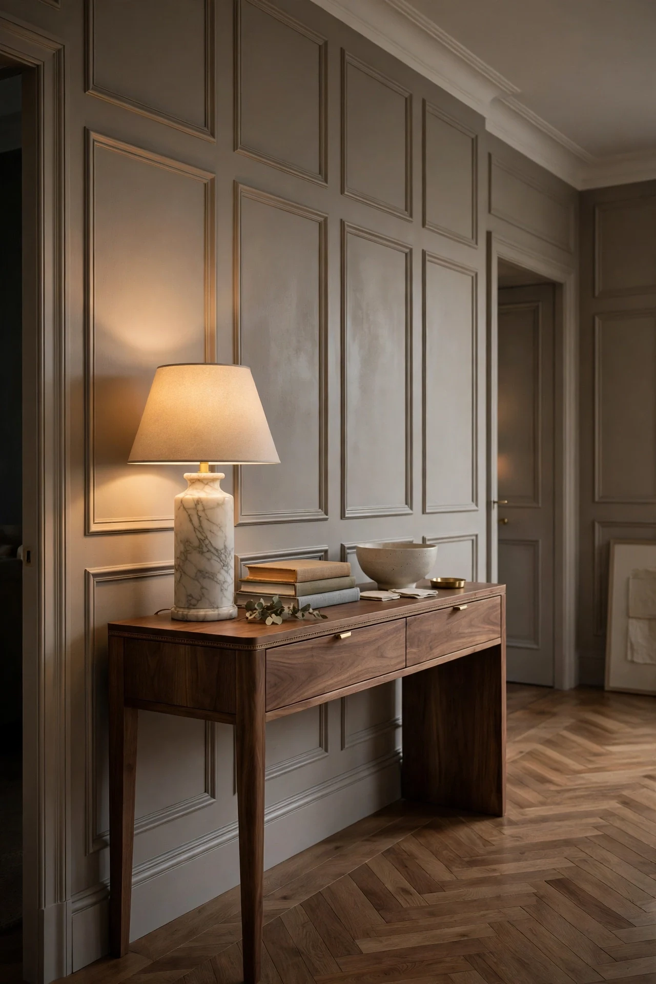 A Slim Console Styled Between Hallway Panels