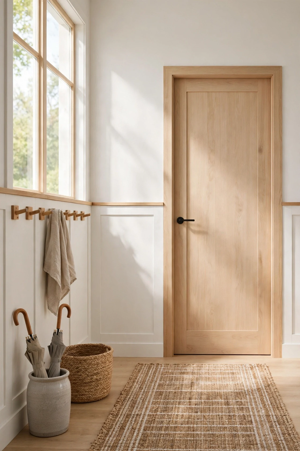 Warm white Scandinavian wainscoting in a sunlit entry with pale oak door and woven runner