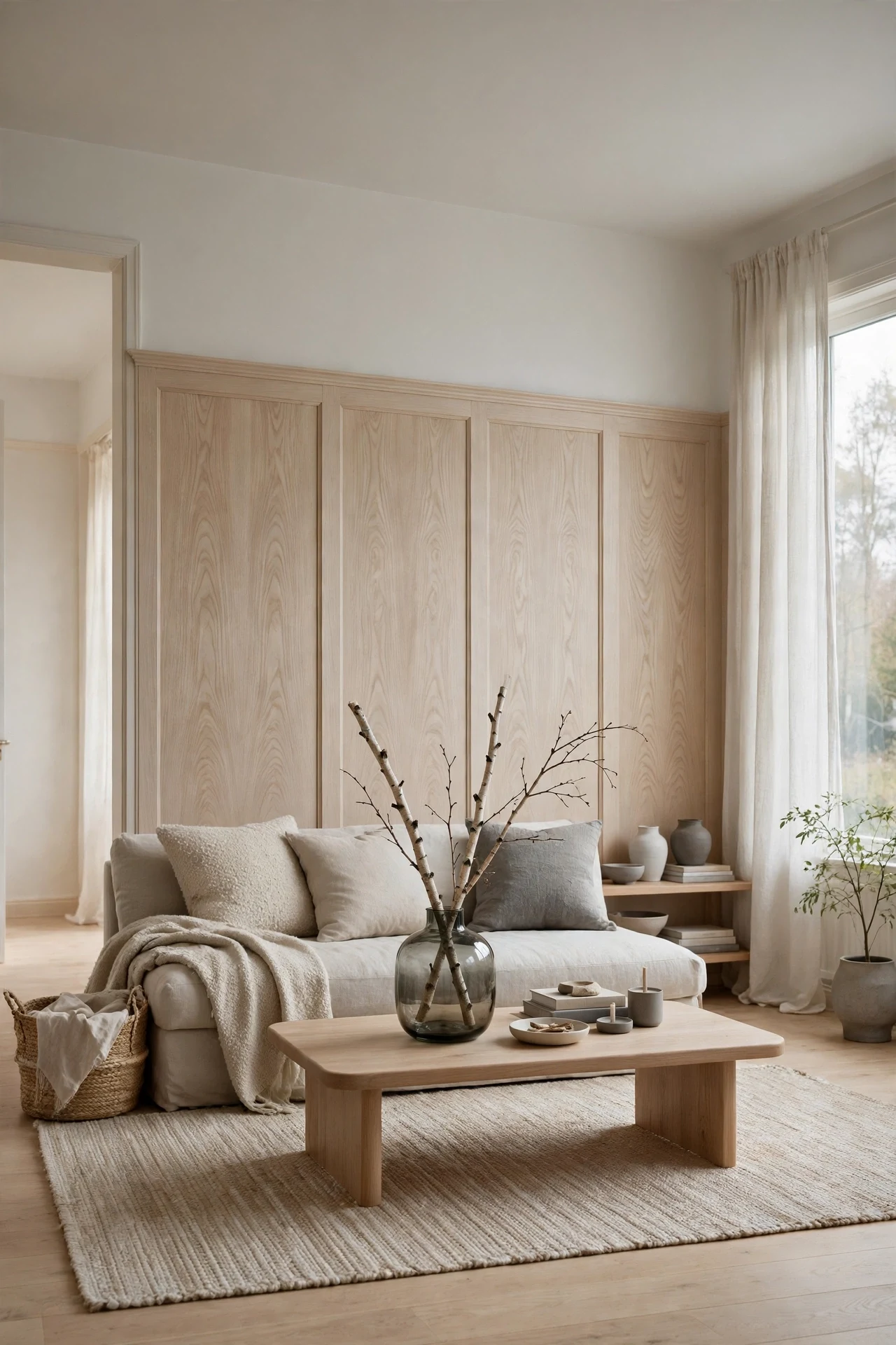 Pale oak Scandinavian wainscoting panels behind a low linen sofa in a calm living room