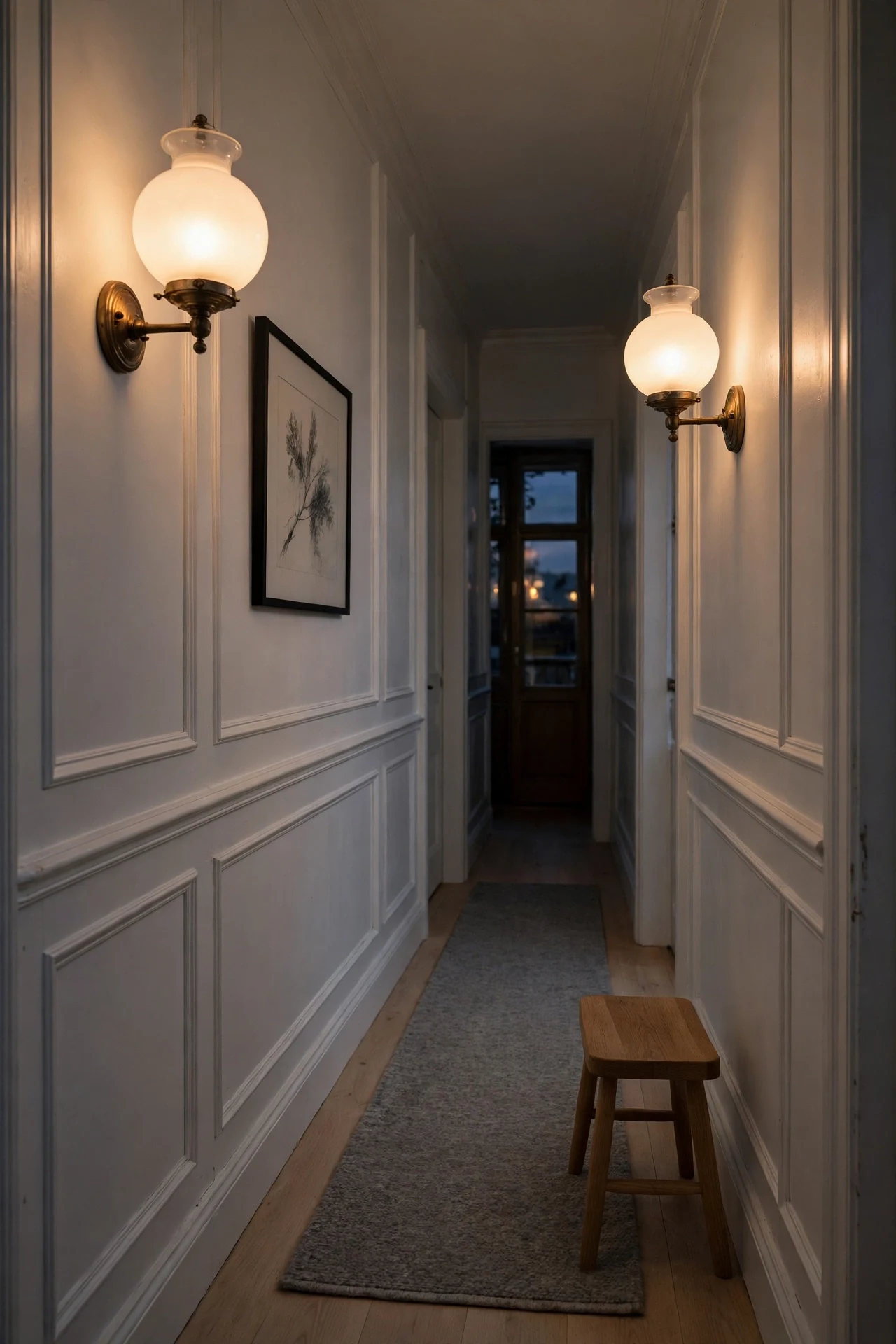 White Scandinavian wainscoting in a narrow hallway lit by warm opal glass sconces