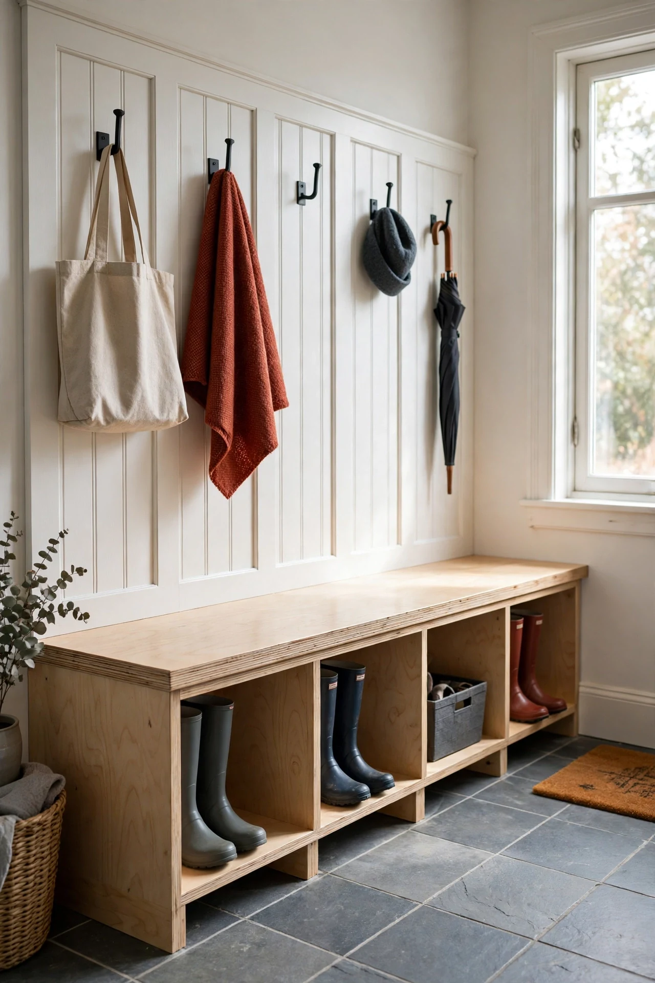 Built-in birch bench backed by tall white Scandinavian wainscoting in a bright mudroom