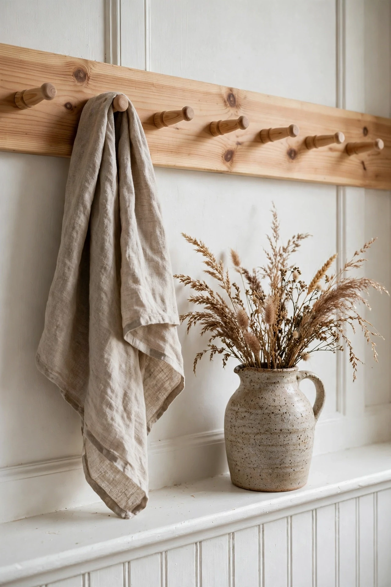 Scandinavian wainscoting entry nook with pine pegs, linen scarf and speckled stoneware jug