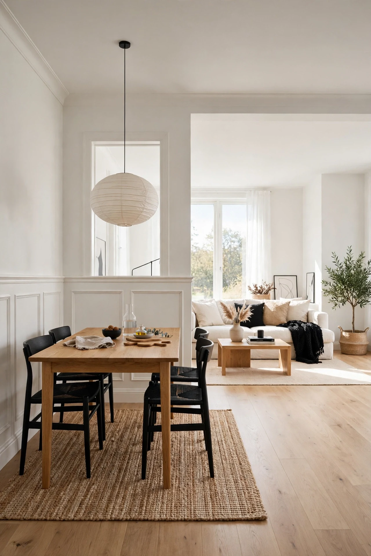 White Scandinavian wainscoting wrapping a dining zone with oak table in an open-plan room