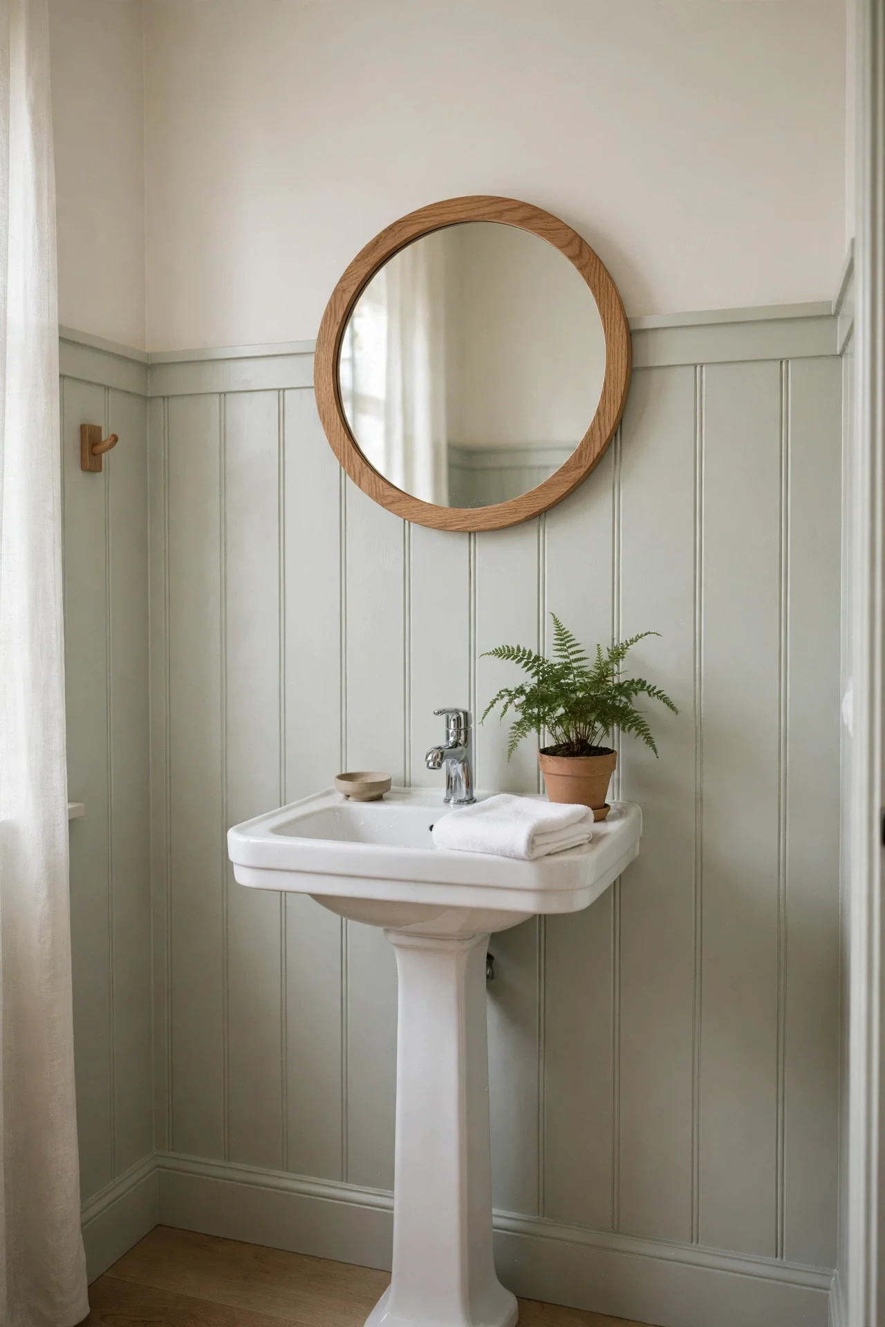 Tall sage-white Scandinavian wainscoting panels behind a pedestal sink in a tiny powder room