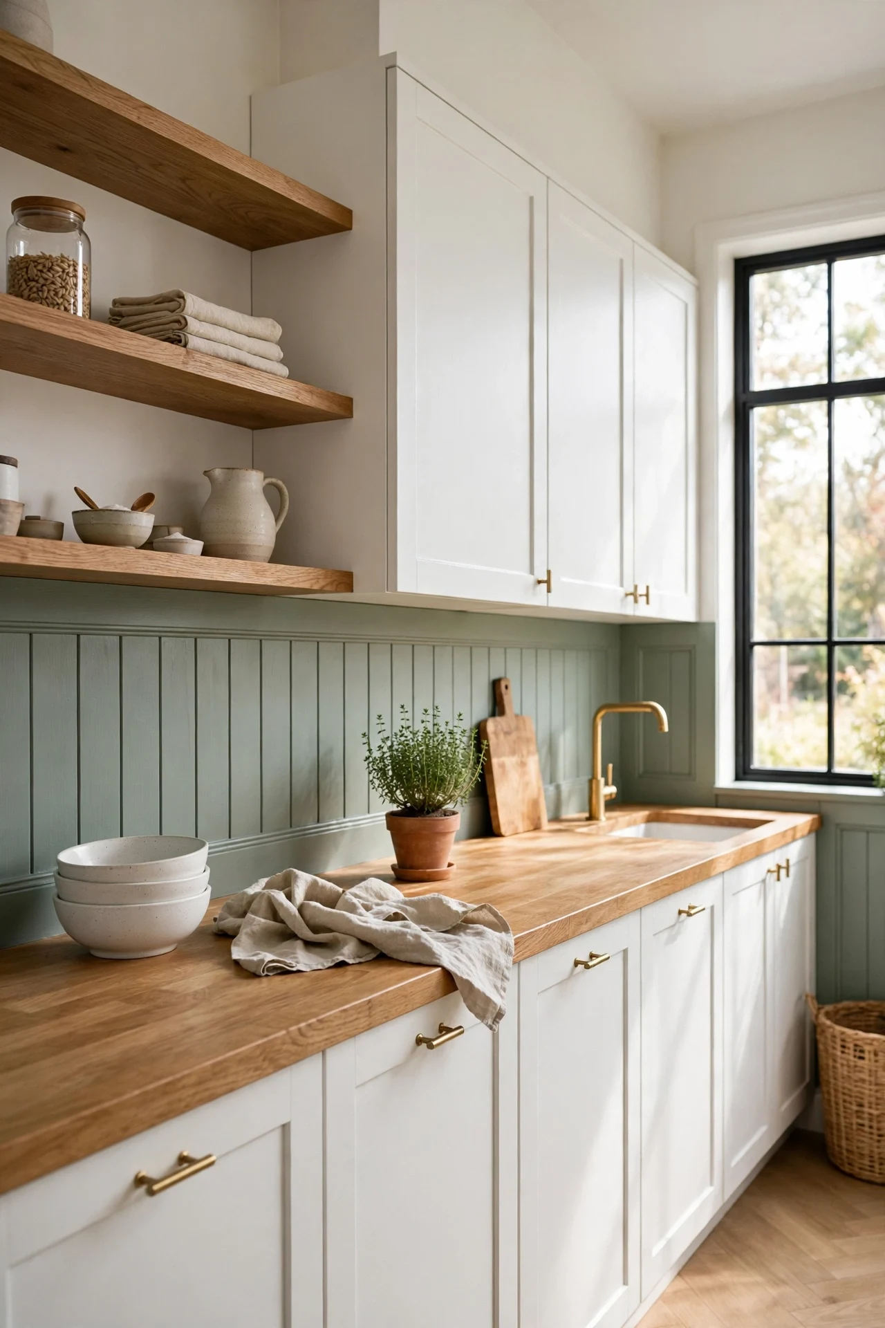 Soft sage Scandinavian wainscoting in a kitchen with open oak shelves and white stoneware