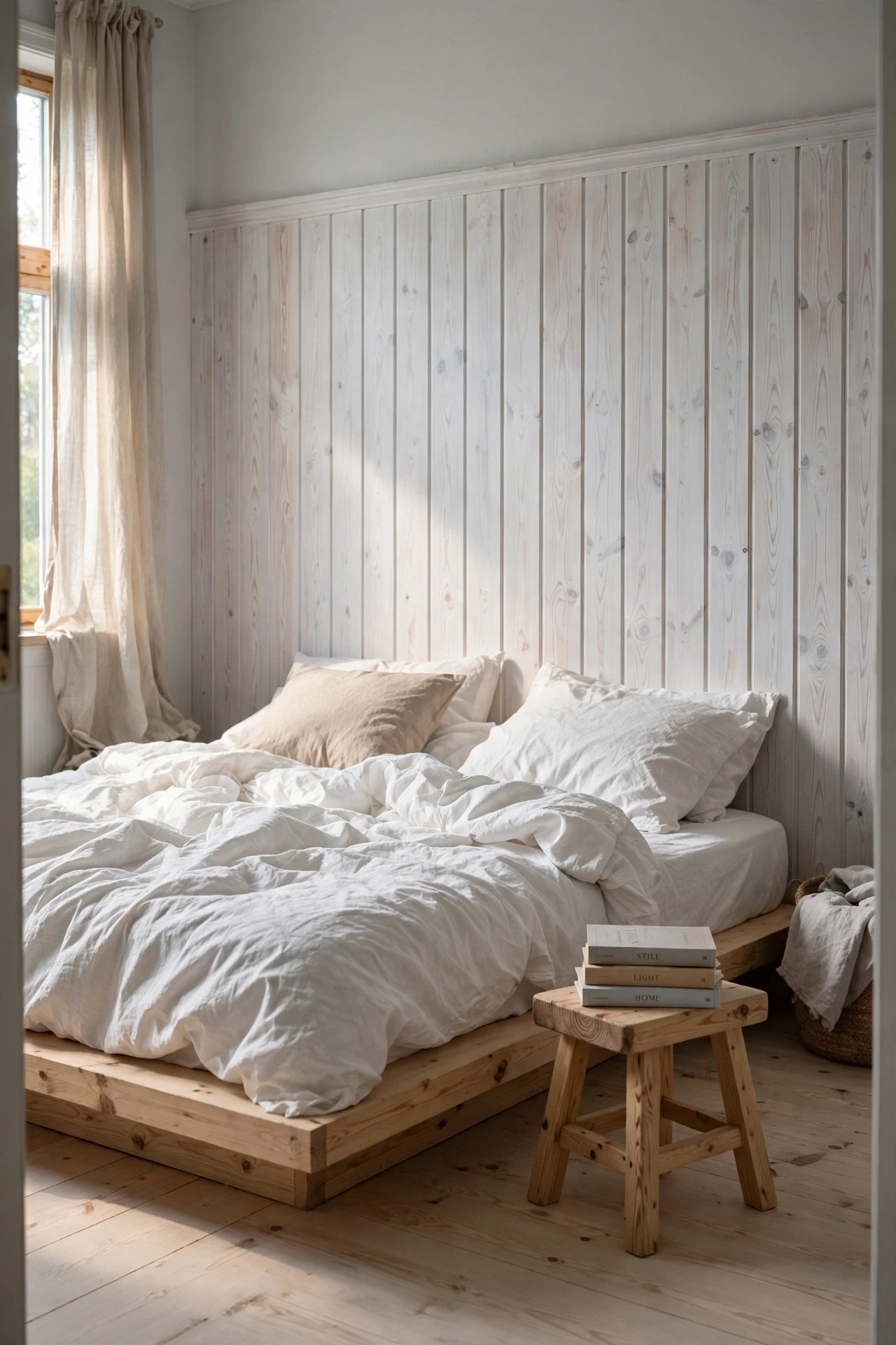 Whitewashed pine Scandinavian wainscoting behind a platform bed dressed in white linen