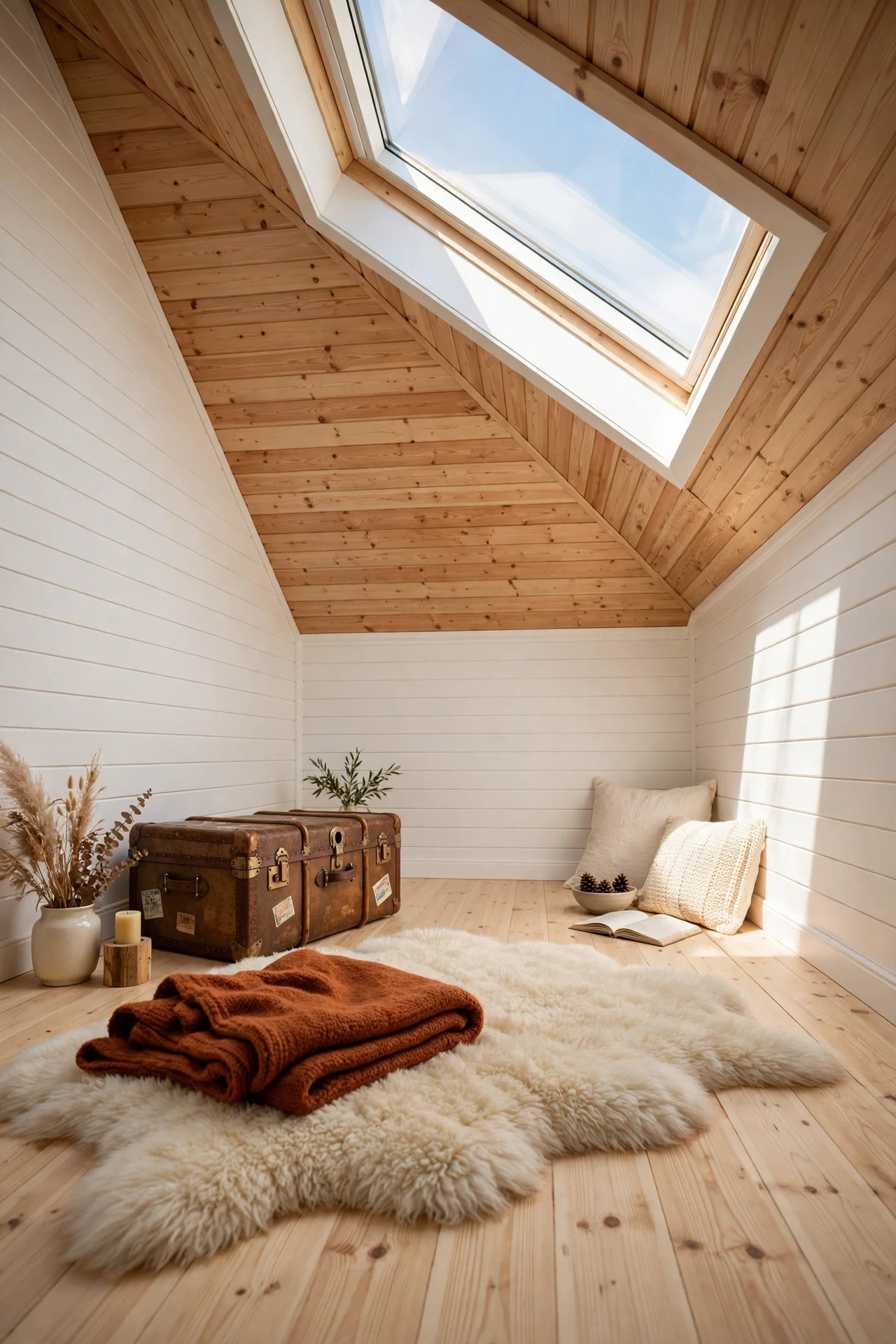 Horizontal white Scandinavian wainscoting on attic knee walls under a bright skylight