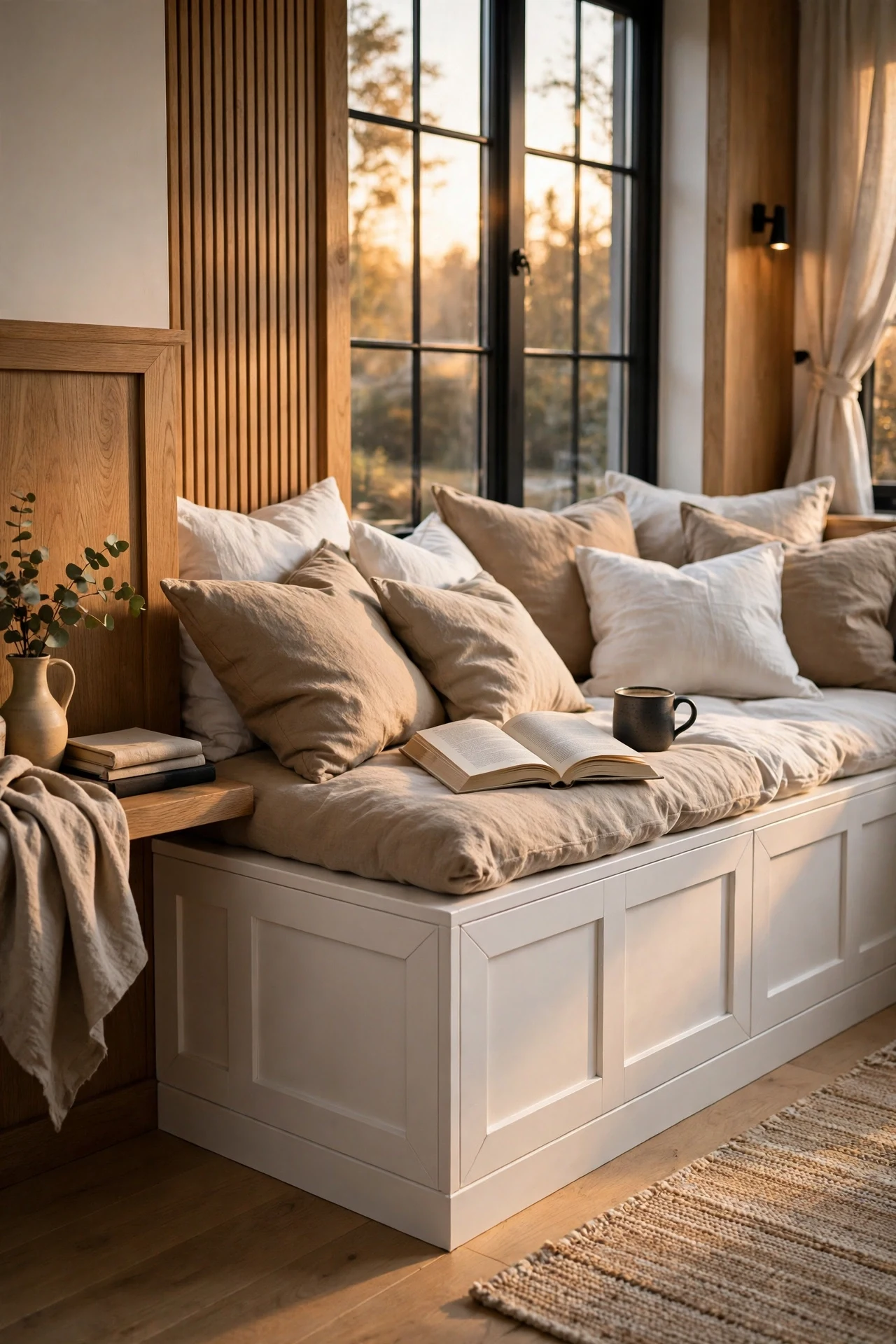 Panel-faced window seat with linen cushions in a sunlit Scandinavian reading corner