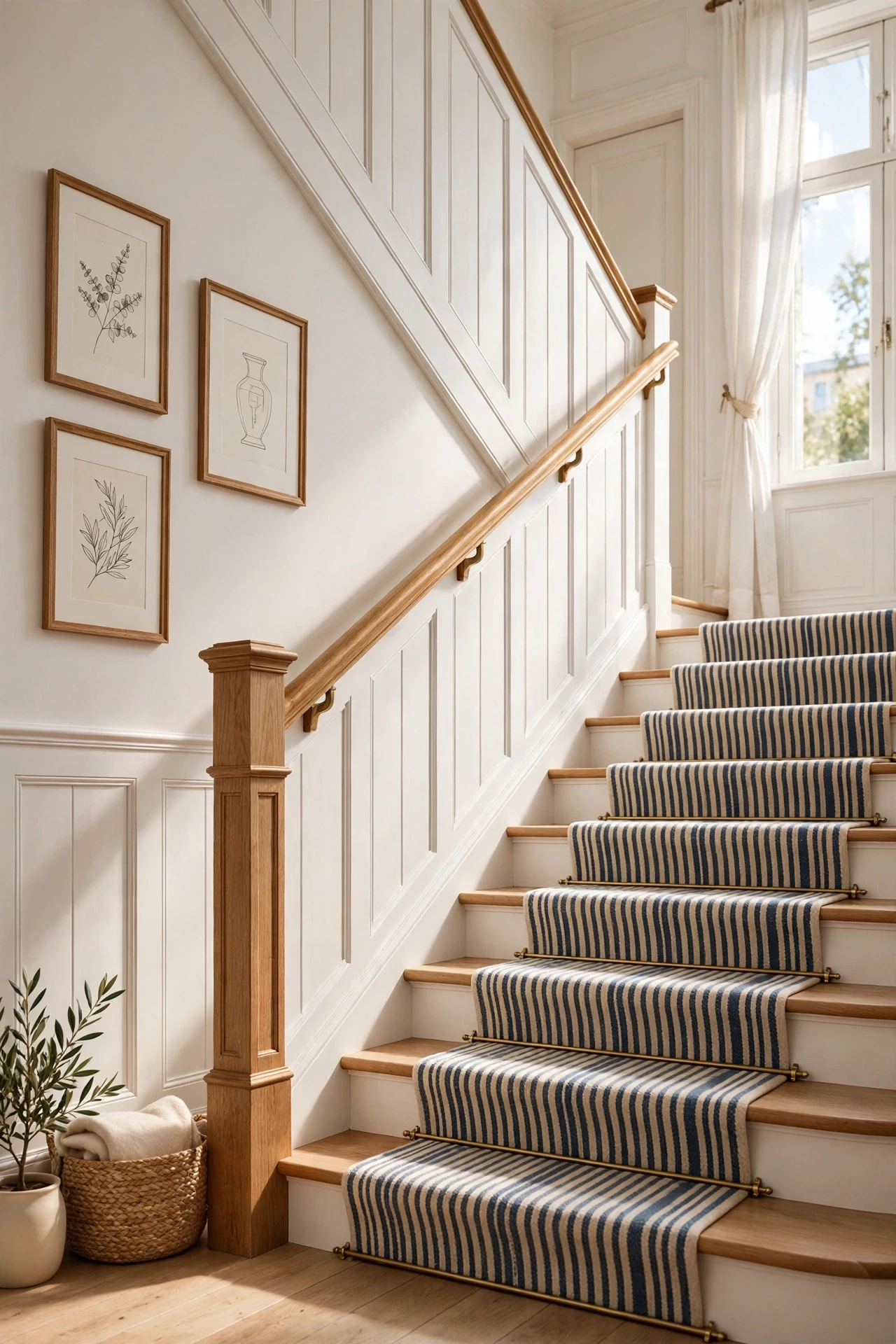 White Scandinavian wainscoting climbing a staircase wall beside an oak handrail