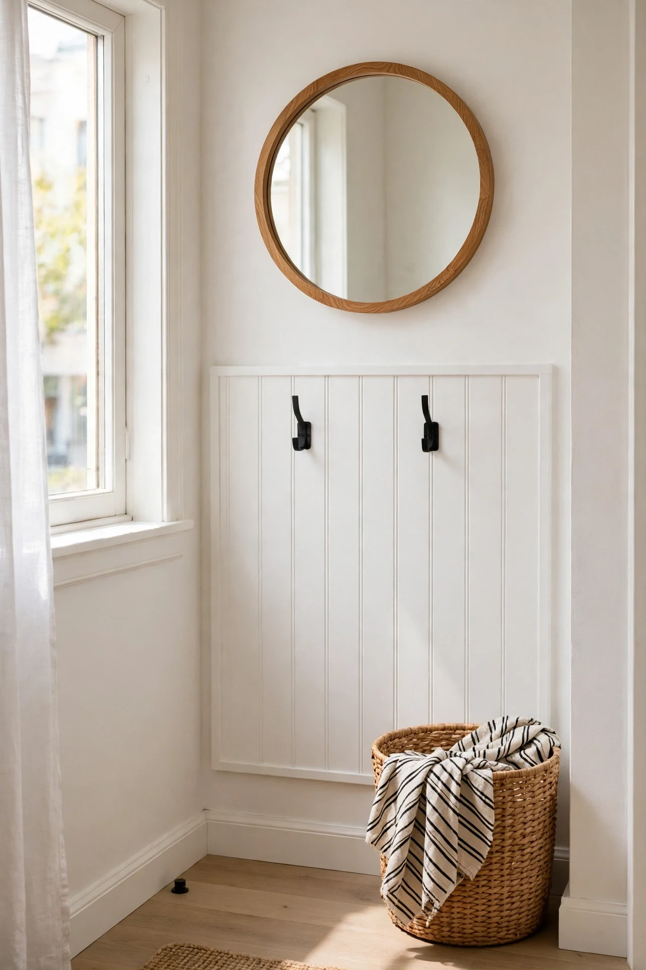 Single Scandinavian wainscoting panel with black hooks and round mirror in a compact rental entry