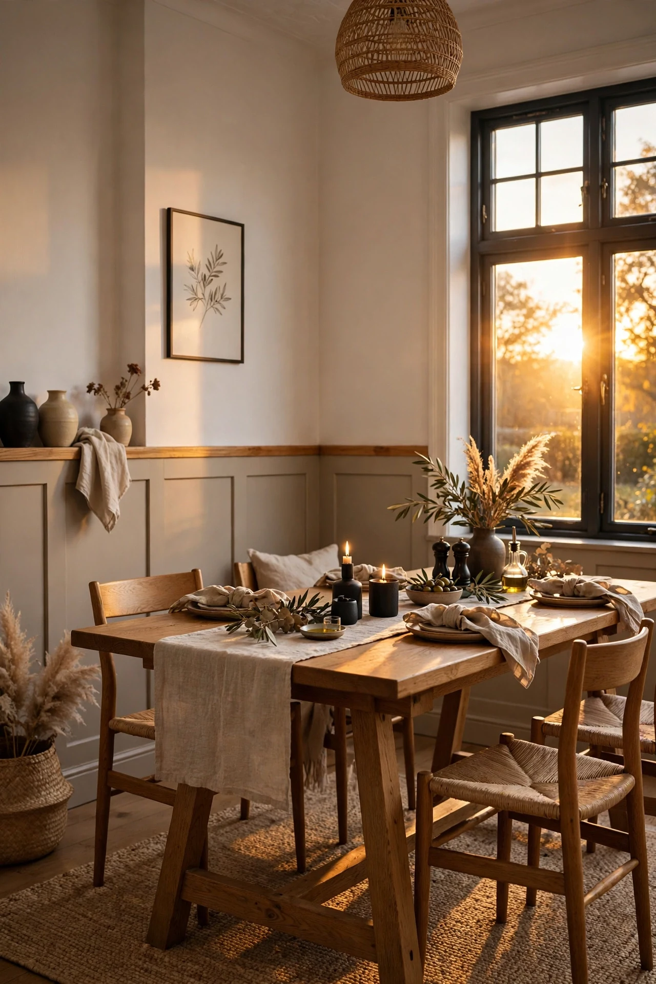 Greige two-tone Scandinavian wainscoting below warm white walls in a dining room
