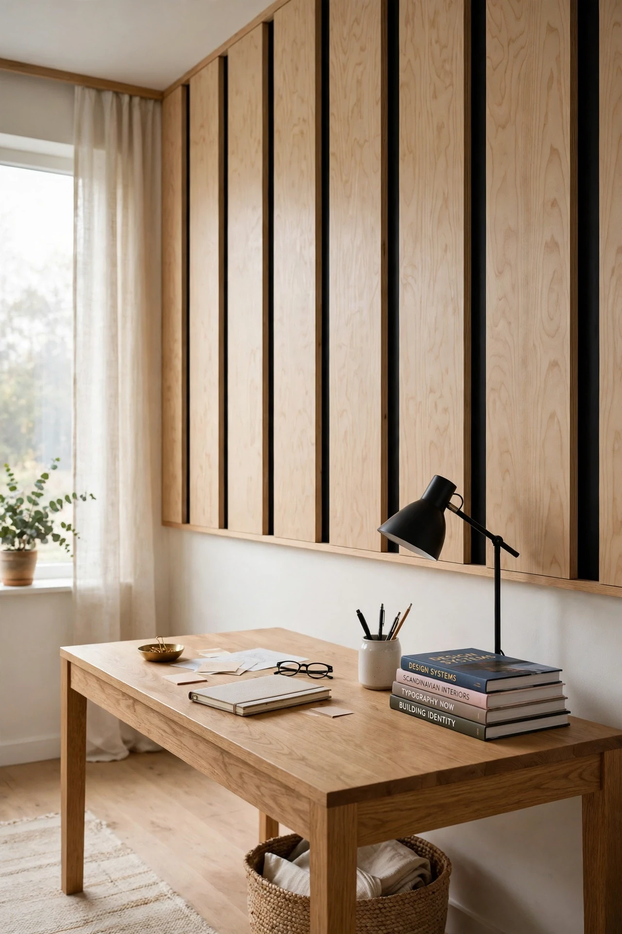 Birch plywood Scandinavian wainscoting with shadow gaps behind an oak desk in a home office