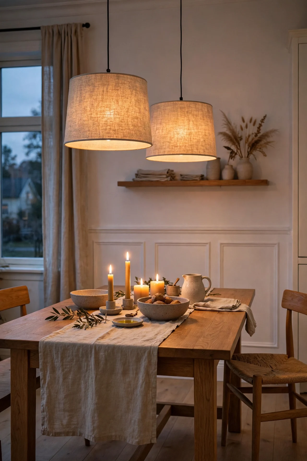 Twin linen pendants glowing above white Scandinavian wainscoting in a dining room at dusk