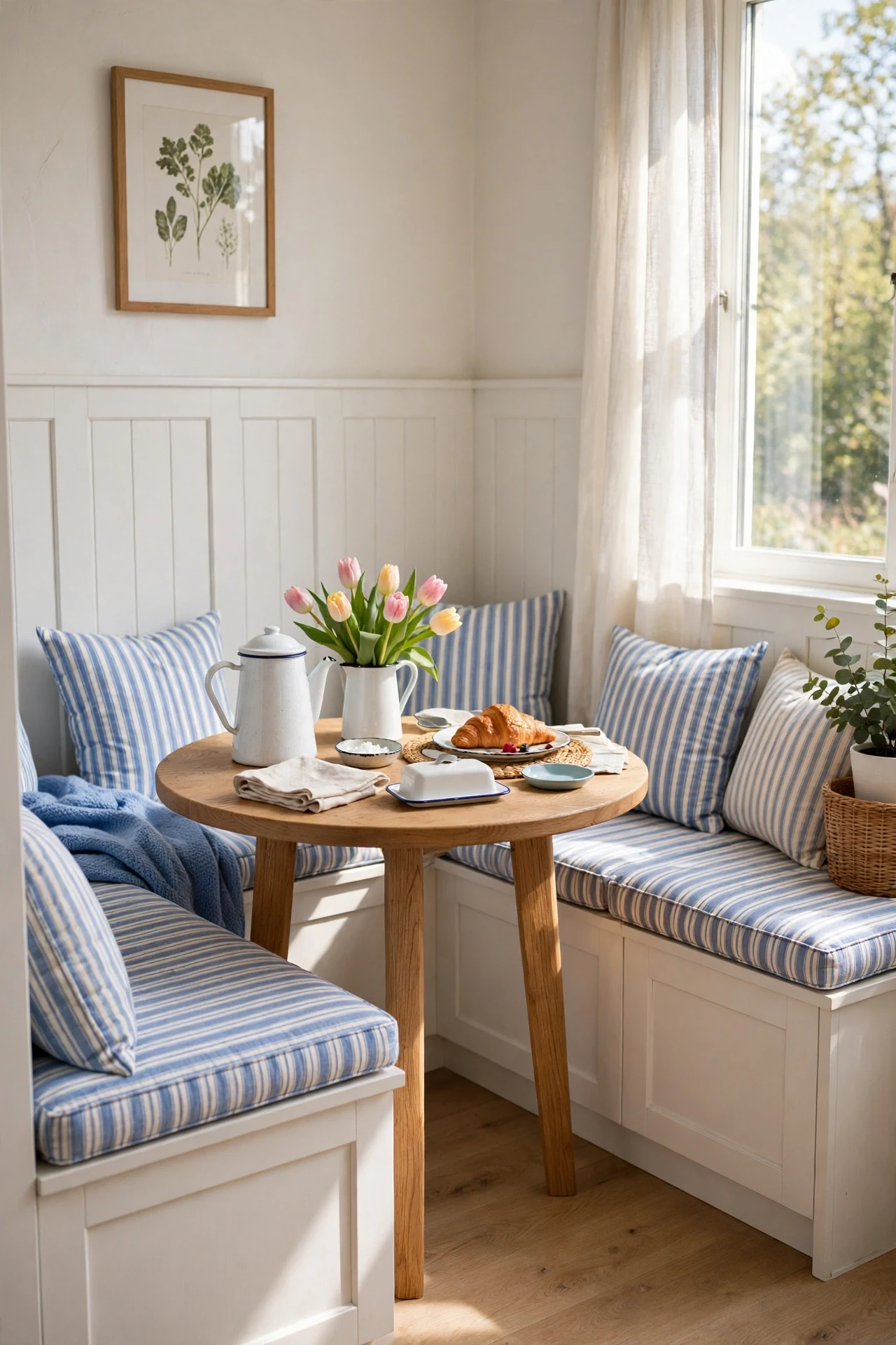 Panel-backed banquette seating around a round oak table in a bright breakfast nook