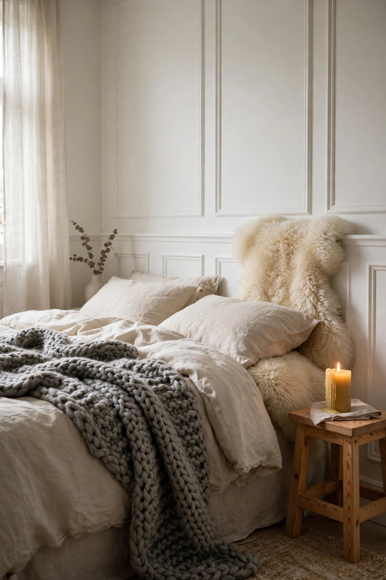 Chunky wool throw and sheepskin draped against white Scandinavian wainscoting in a bedroom