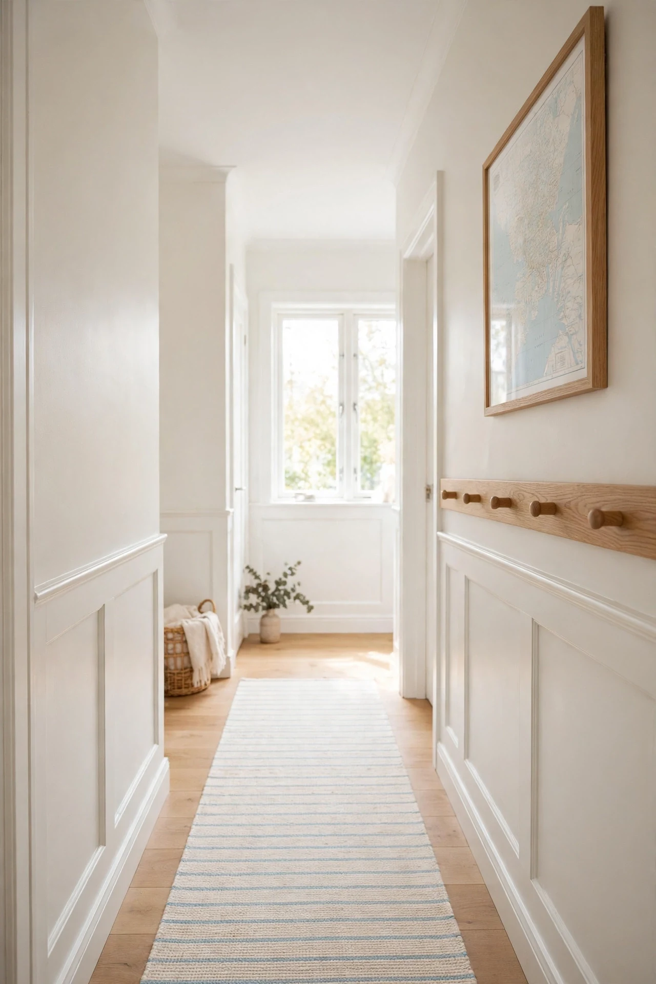 Low white Scandinavian wainscoting colour-drenched with the wall in a narrow hallway