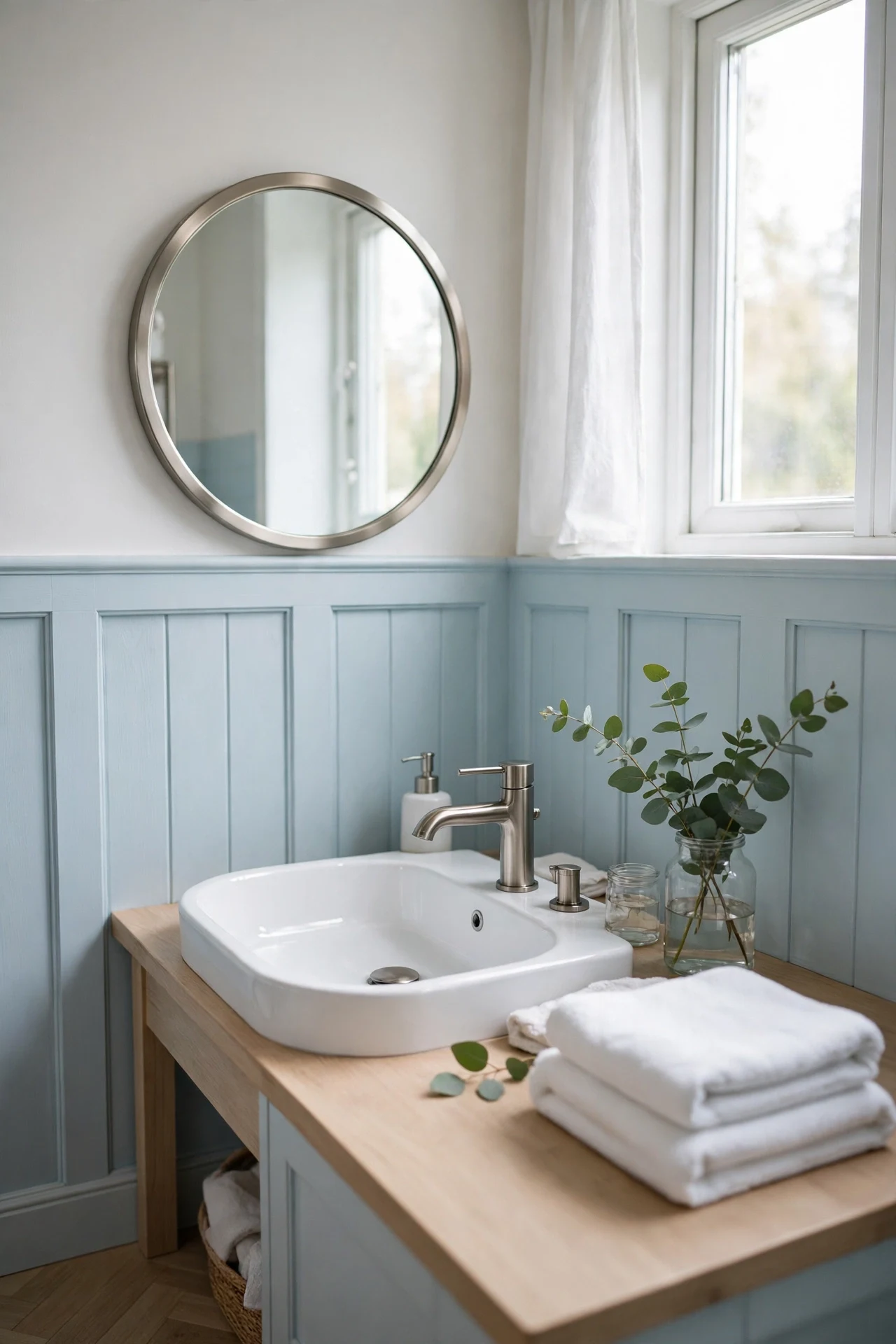 Pale blue Scandinavian wainscoting in a bathroom with white basin and nickel fittings