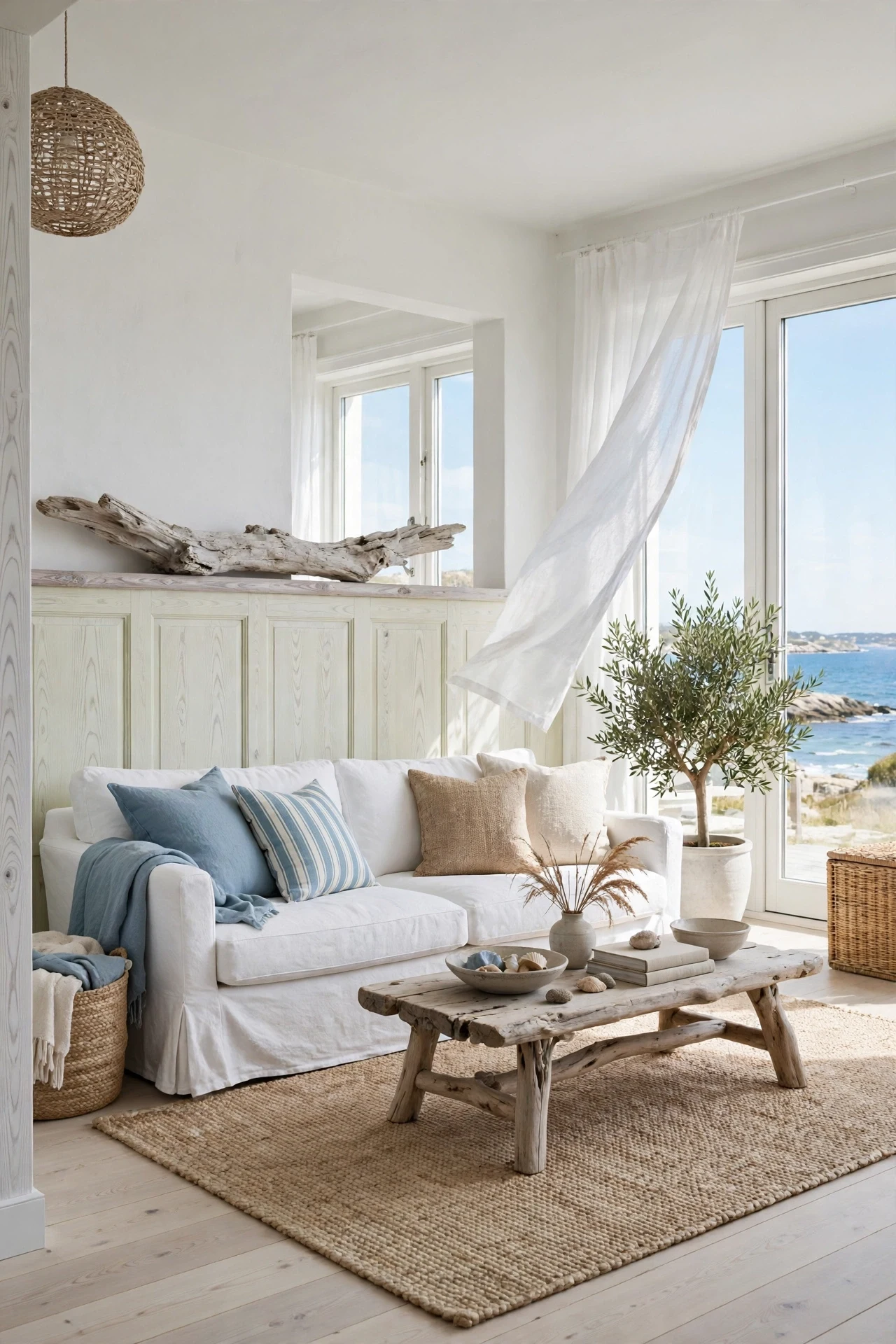 Limewashed ash Scandinavian wainscoting behind a white sofa in a coastal living room