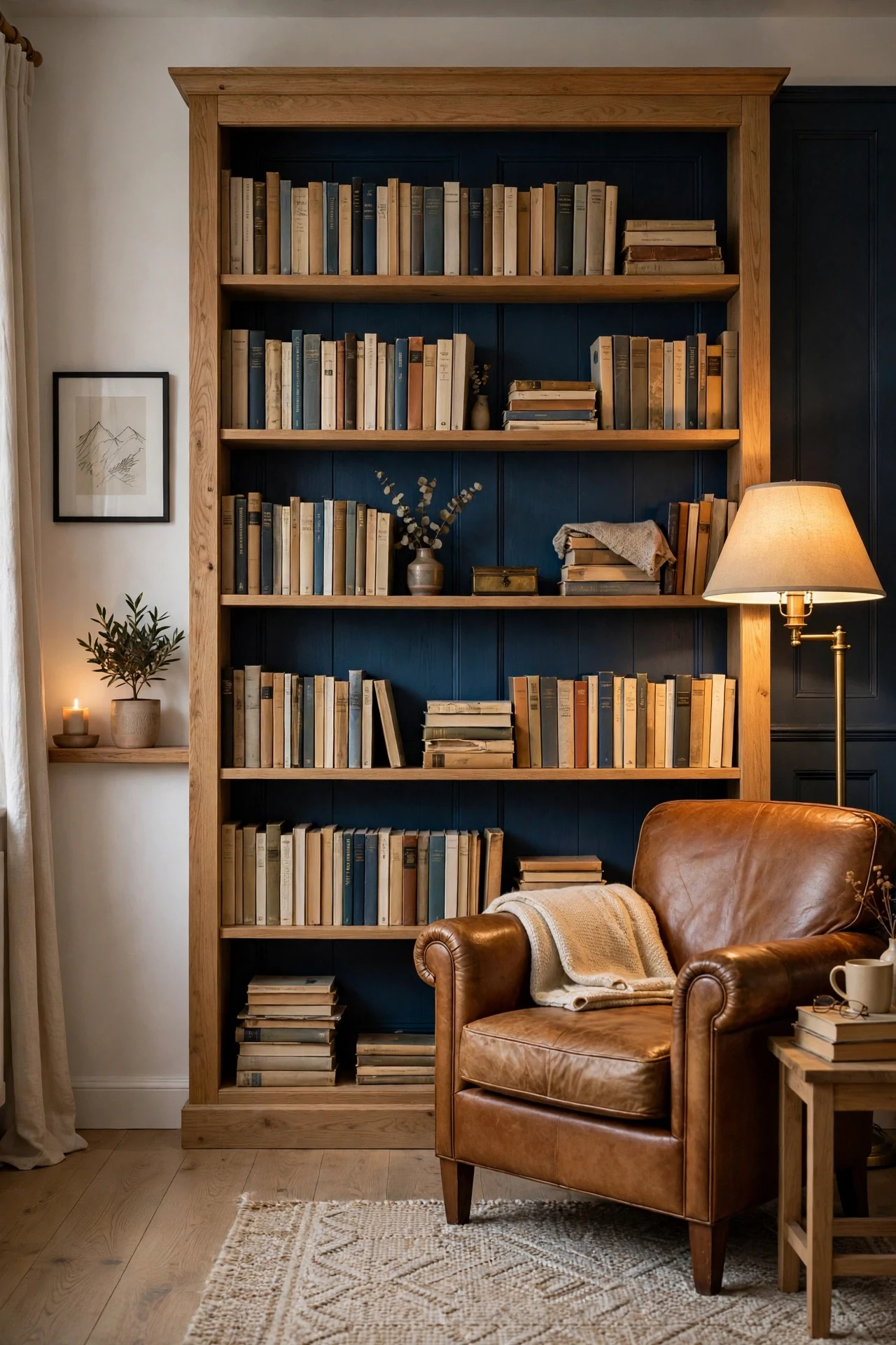 Oak bookcase lined with ink-blue Scandinavian wainscoting panels in a lamplit reading room