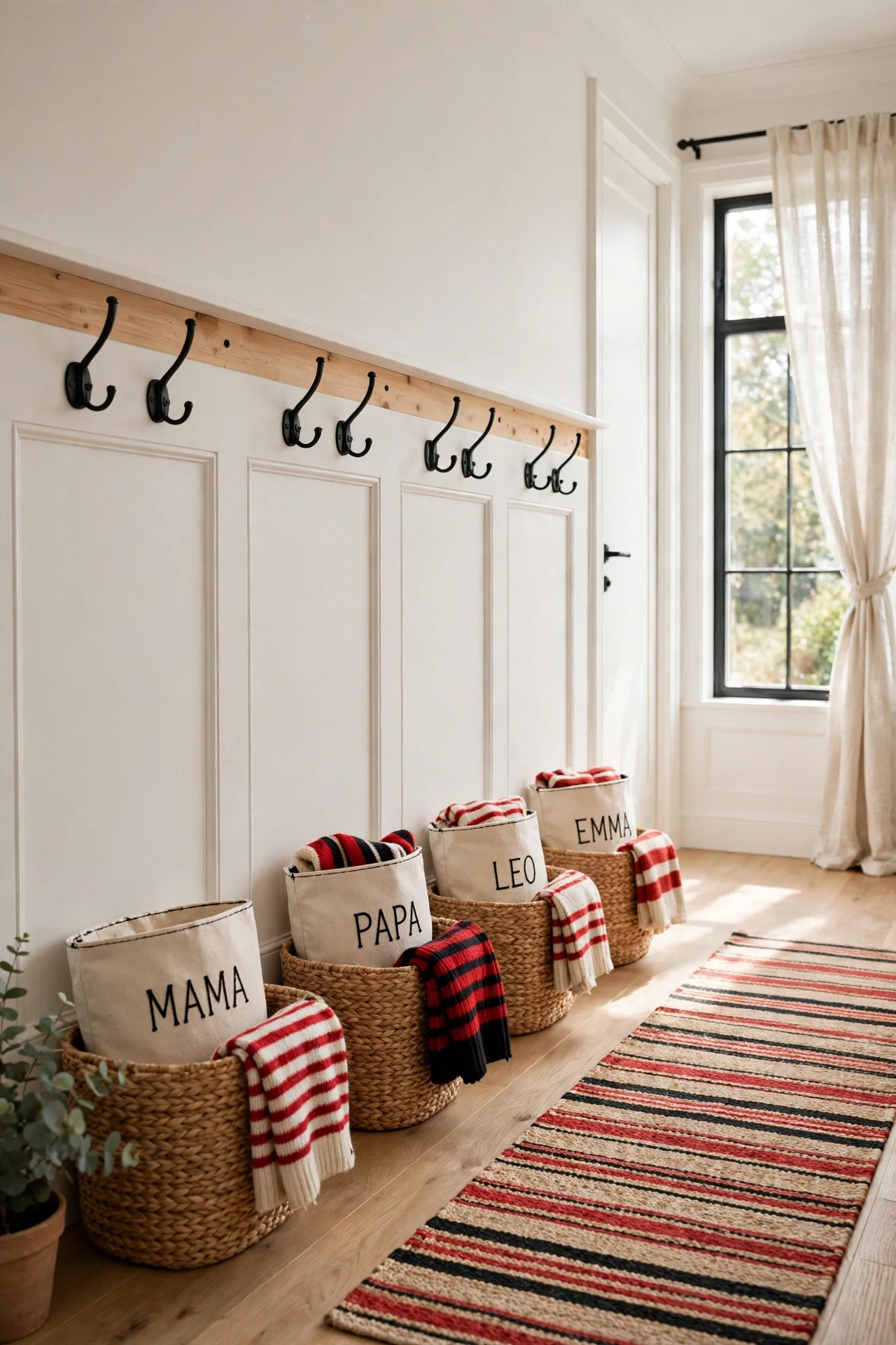 White Scandinavian wainscoting with double hooks and woven baskets in a family hallway