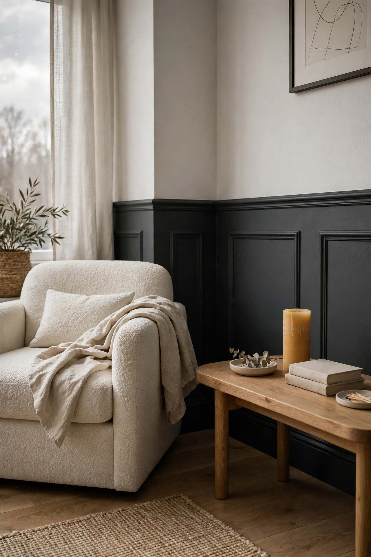 Charcoal Scandinavian wainscoting panels with a pale boucle chair in a moody living room corner
