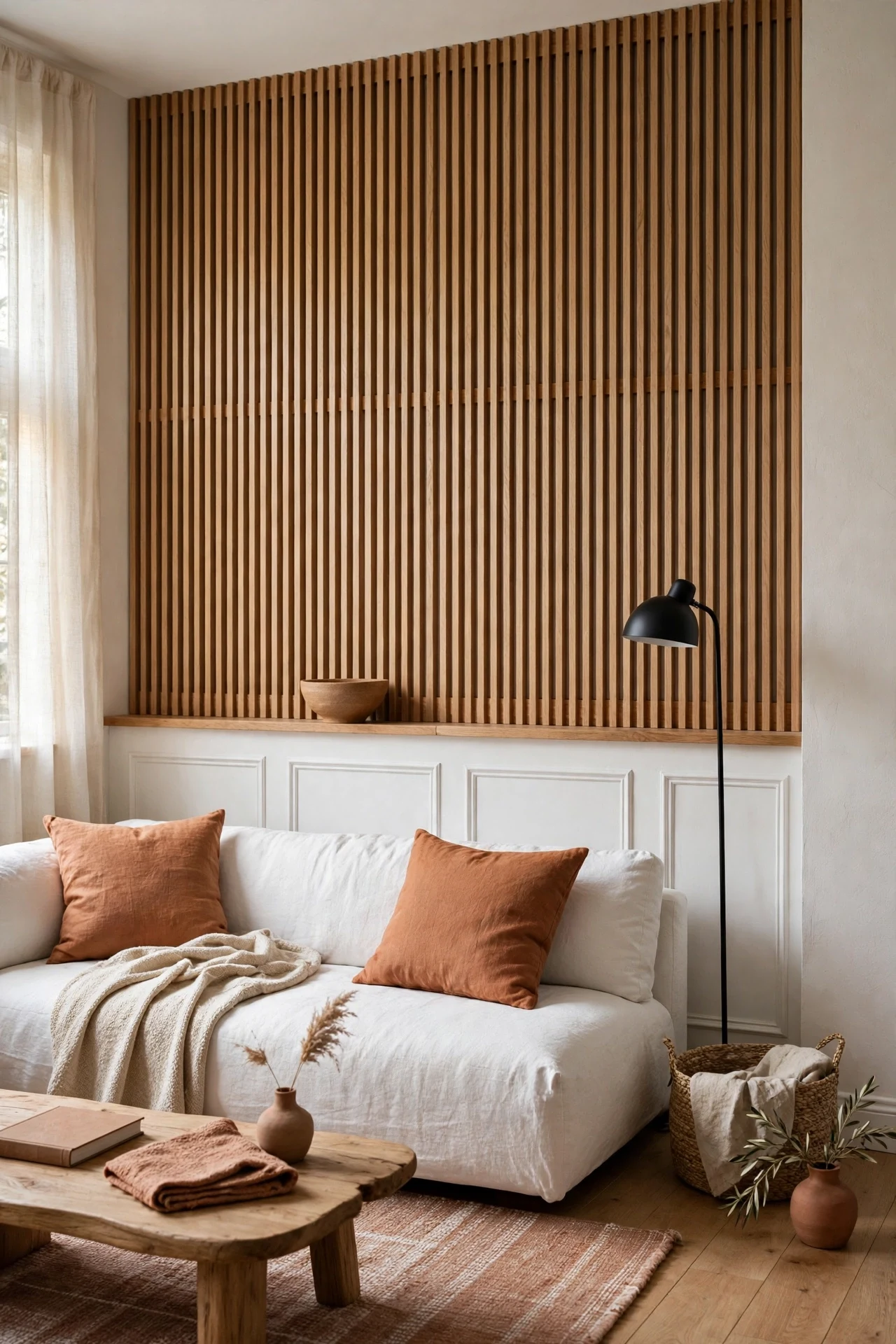 Fluted oak slats above low white Scandinavian wainscoting panels in a living room